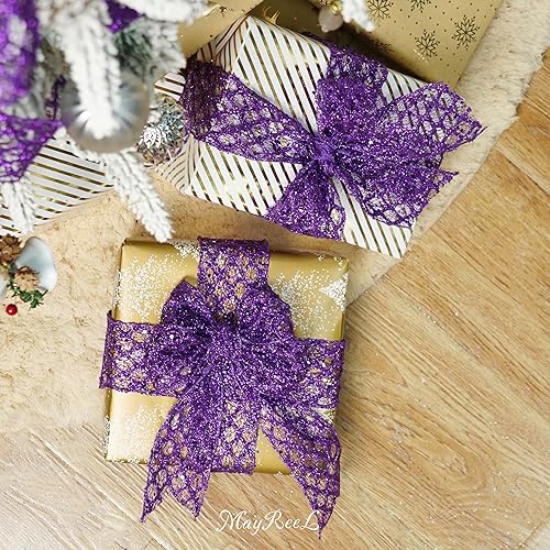 Miniatura 4 de Cinta morada con alambre de 2.5 pulgadas x 10 yardas, cinta con alambre con purpurina, cinta morada para Halloween, decoraciones de Navidad,