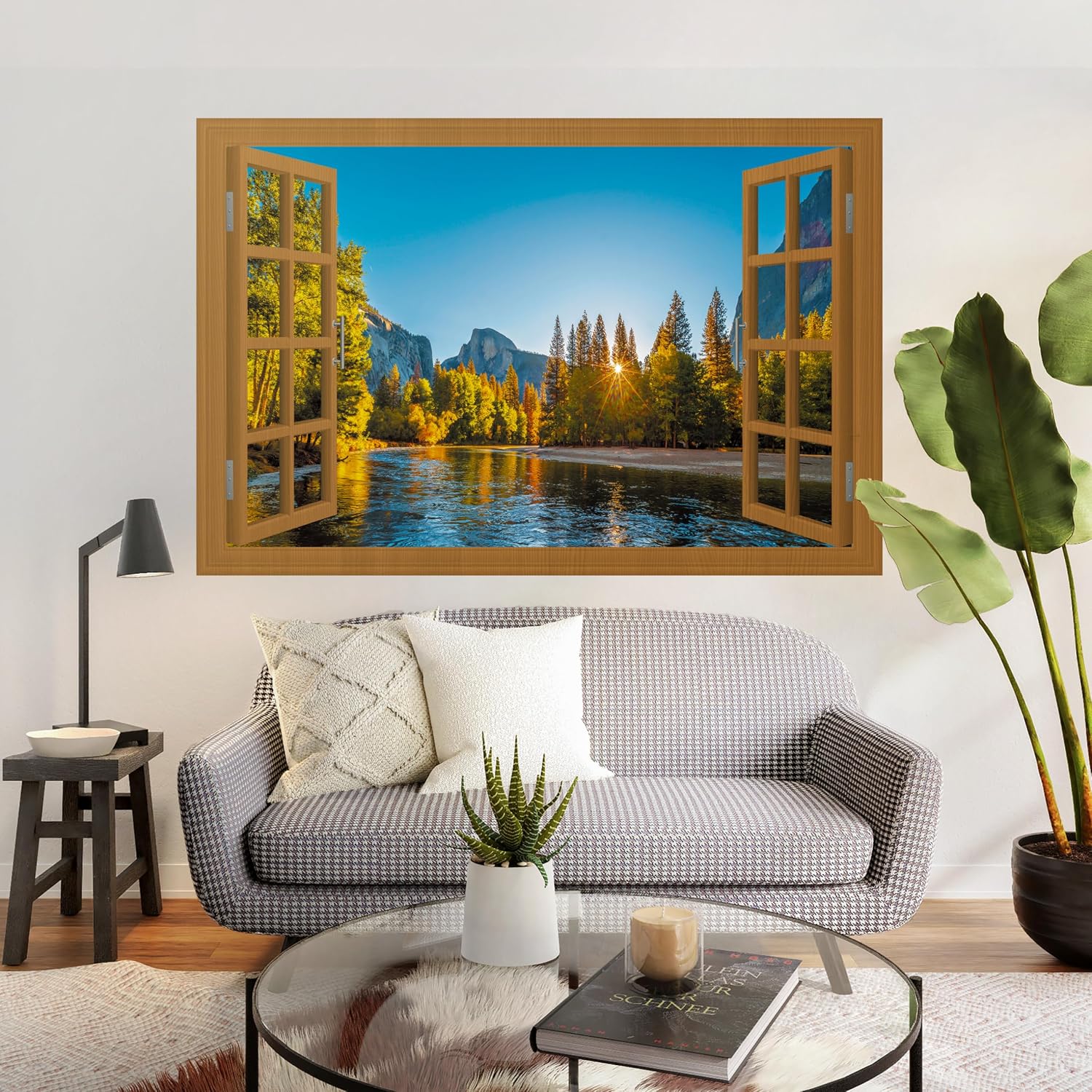 Fake Window for Walls Faux Window Decal Windows Poster Picture Open Window Wall Art Decor, Stick and Peel Wallpaper Nature Wall Decol Lake Scene Mural, 48"x72"
