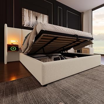 Moimhear Upholstered Bed 180 x 200 cm with Bedside Table Reading Lamp and USB Type-C Charging Function Bed System Storage Bed Bed Frame with Slatted Frame Made of Solid Wood and Metal Linen (Beige 180 x 200 cm)