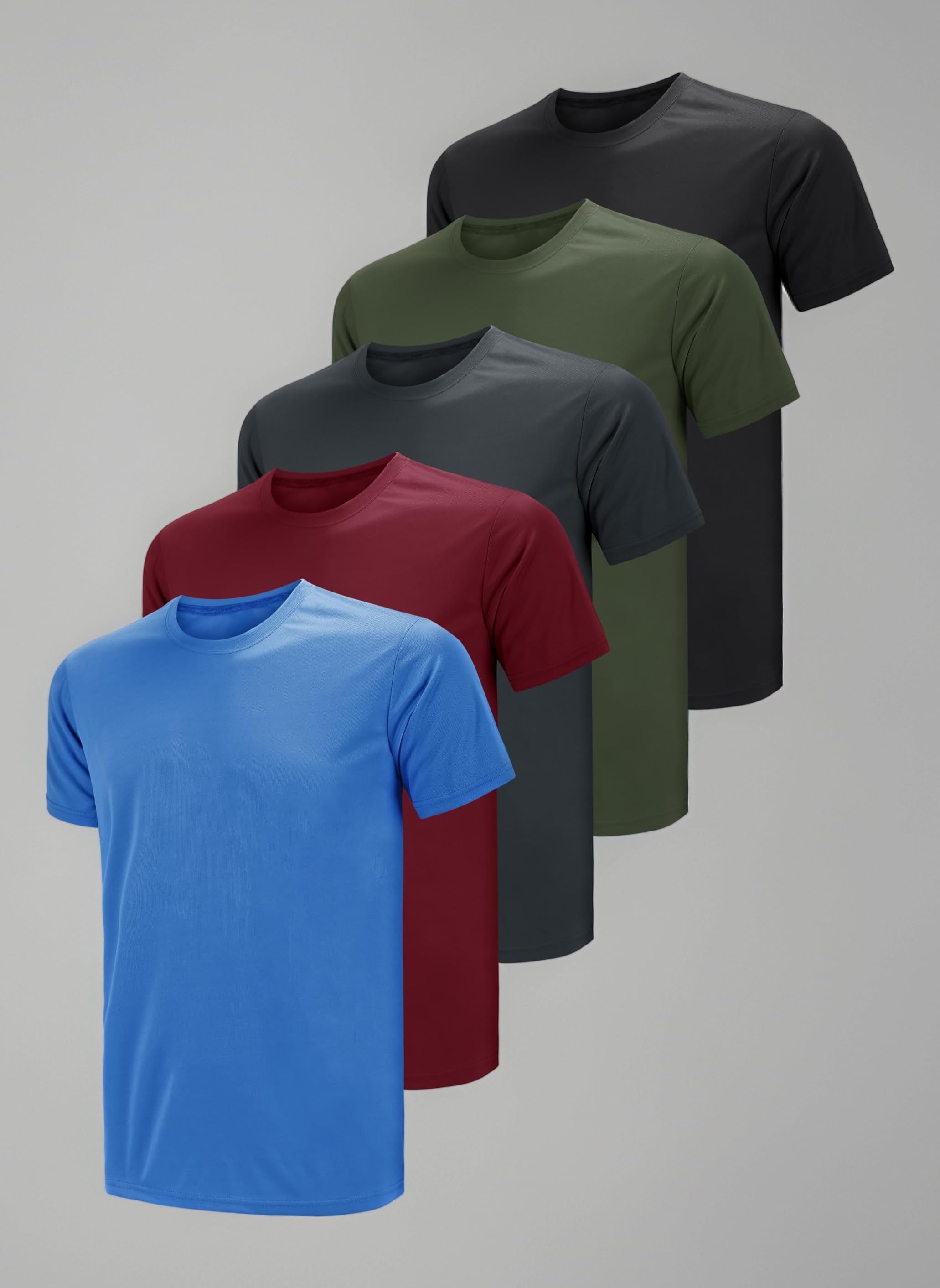 Teesmen Men's Sports T-Shirts 5 Pack Quick Dry Moisture Wicking Breathable Plain Short Sleeve Crew Neck Sports Gym Running Workout