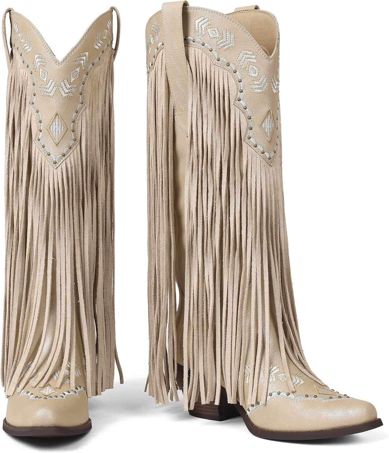 Oiamenne Cowgirl Boots Women Fringe Knee High Cowboy Boots Pointed Toe Western Boot for women Chunky Heel Pull on