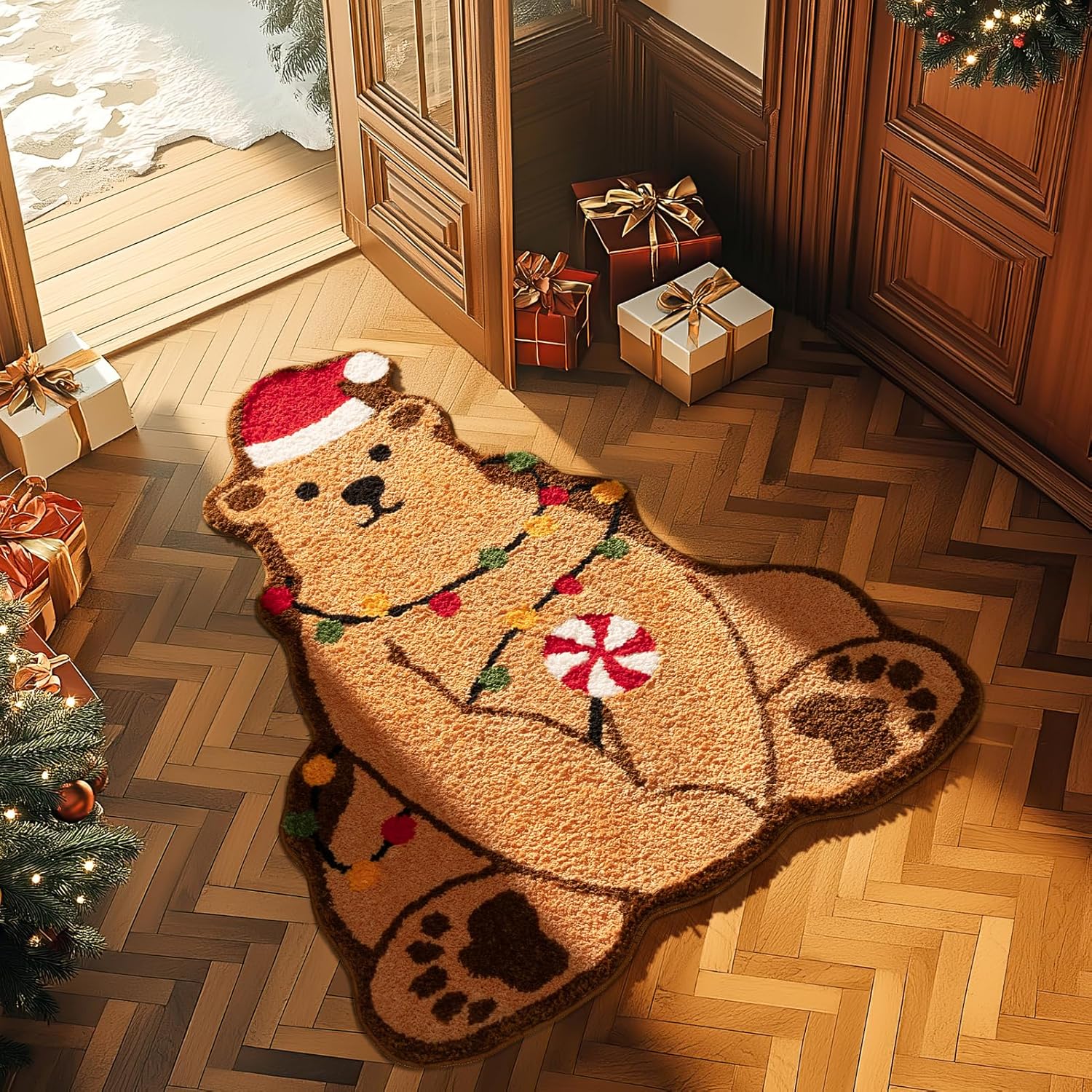 Phantoscope Christmas Rug, Gingerbread House Shaped Area Rug, Non-Slip Ultra Soft Microfiber Door Mat Plush Christmas Decorative Rug for Living Room Bedroom, Beige, 20 x 47 inches