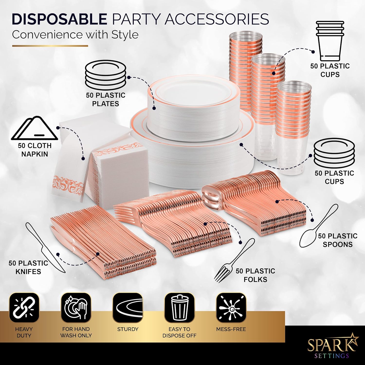 Rose Gold Plastic Plates For Party - Rose Gold Plastic Silverware - 350 PC Wedding Dinnerware Set 50 Guests, 100 Plastic Party Plates, 50 Cups, 50 Rose Gold Cutlery Sets & 50 Napkins-By SparkSettings