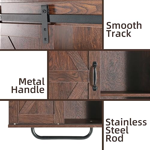 Miniatura 7 de eclife Gabinete de medicina de granja gabinete de almacenamiento de montaje en pared con puerta corrediza de granero 2 estantes ajustables toallero