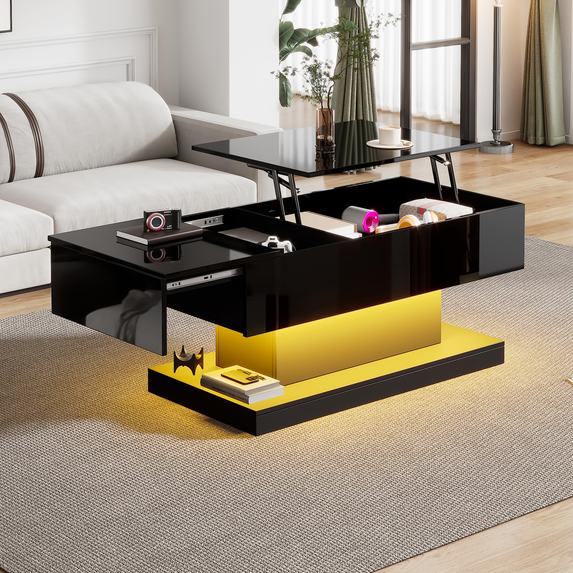 Tavolino Da Caffè Sollevabile Idraulico Con Luci LED E App Bluetooth, 100x50x44 Cm, 2 Cassetti E Vano Nascosto, Nero/bianco
