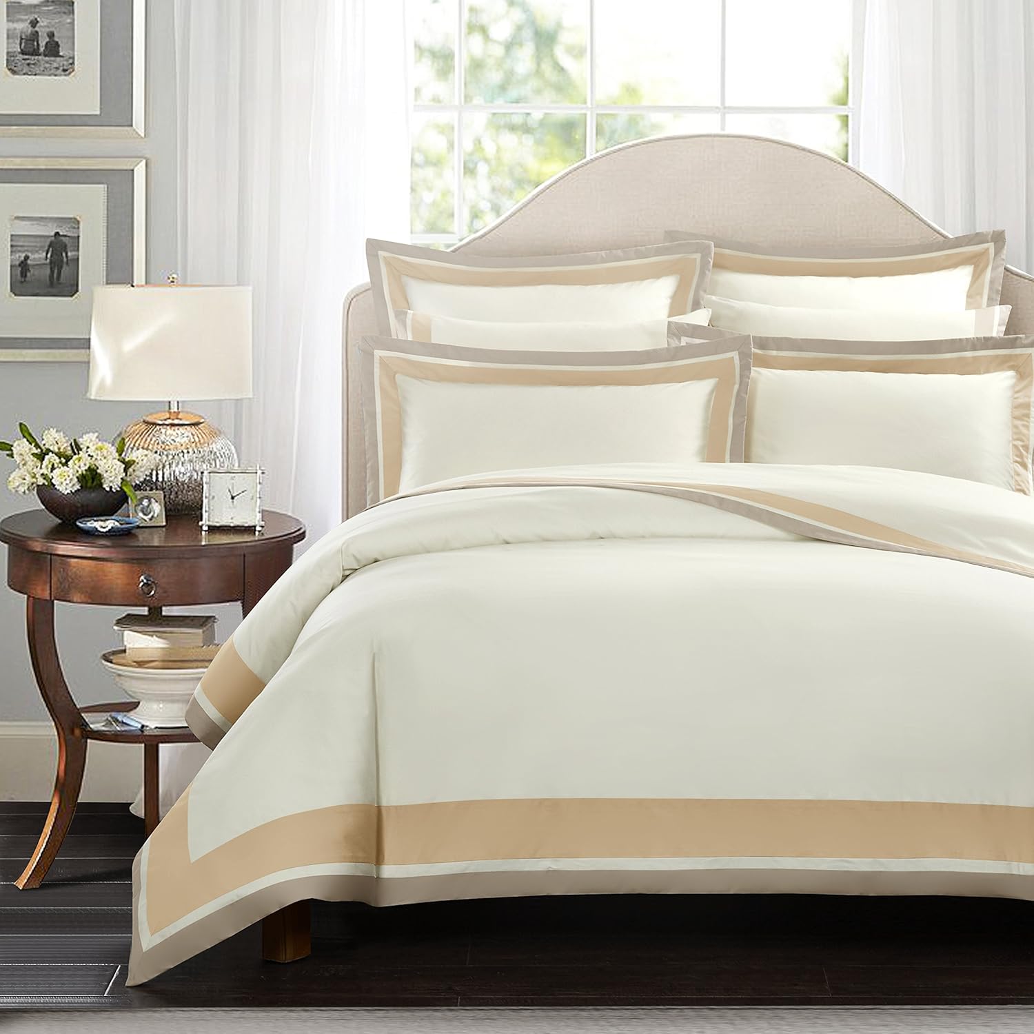 Casabolaj Shading 3 Pieces Duvet Cover Set Do Not Include Filling 100% Egyptian Cotton Sateen Luxury 400 Thread Count-Classic and Contemporary Frame Patchwork Cream/Beige/Champange (Full)