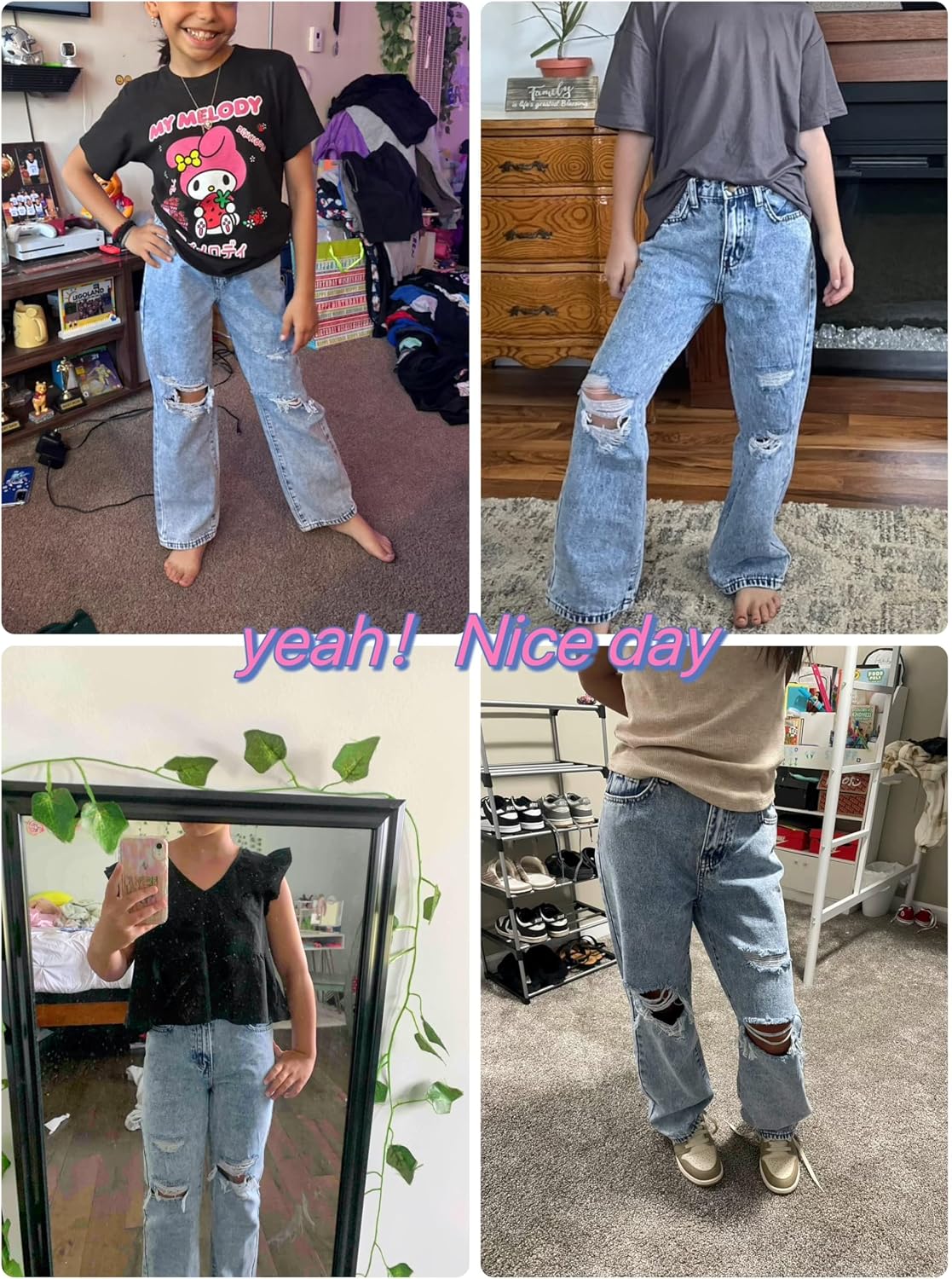 oyyniis Baggy Jeans for Girls Wide Leg Ripped High Elastic Waisted Denim Pants Cute Summer Trousers Y2K Streetwear 7-14Y