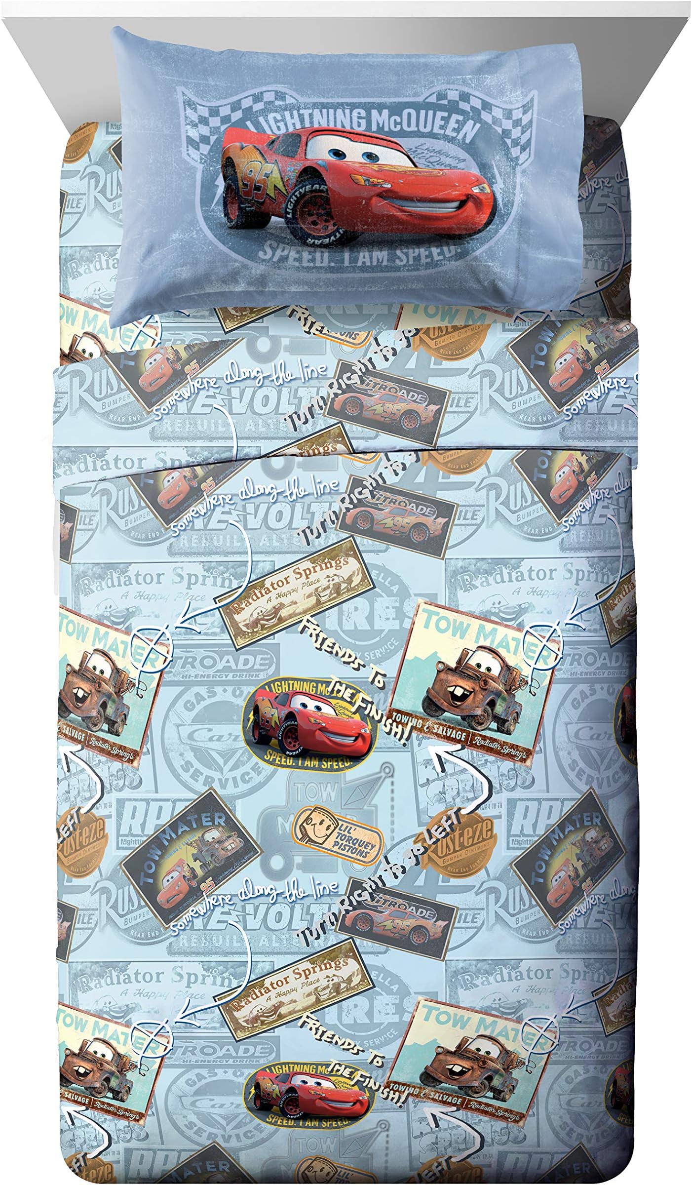 Jay Franco Disney Pixar Cars Lightning McQueen Twin Sheet Set - 3 Piece Kids Race Car Bedding, Super Soft Microfiber, Deep Pocket, Machine Washable, Fade Resistant, Blue (Official Disney Product)