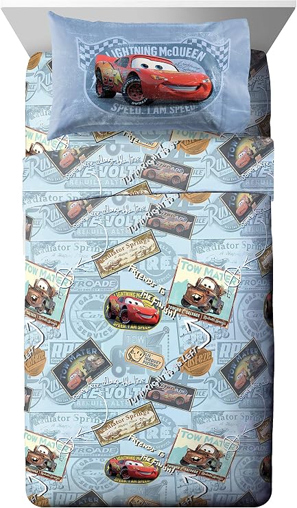 Jay Franco Disney Pixar Cars Lightning McQueen Twin Sheet Set - 3 Piece Kids Race Car Bedding, Super Soft Microfiber, Deep Pocket, Machine Washable, Fade Resistant, Blue (Official Disney Product)