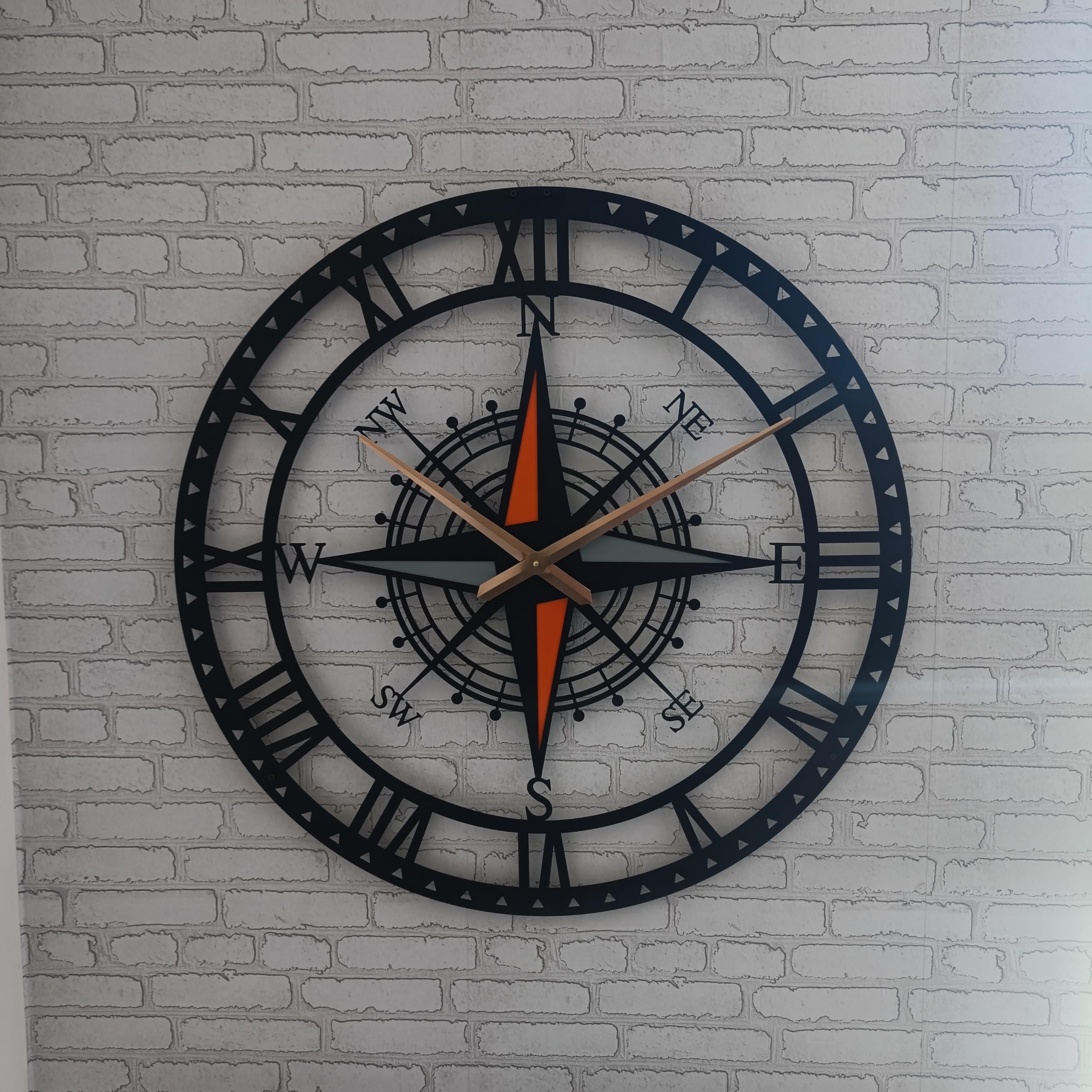 Girişim Mektebi Modern Metal Wall Clock 20 Inch | Silent Non-Ticking Large Decorative Wall Clock | Handmade Steel Wall Art | Living Room, Kitchen, Office & Bedroom Decor | Black, Compass, 61CM