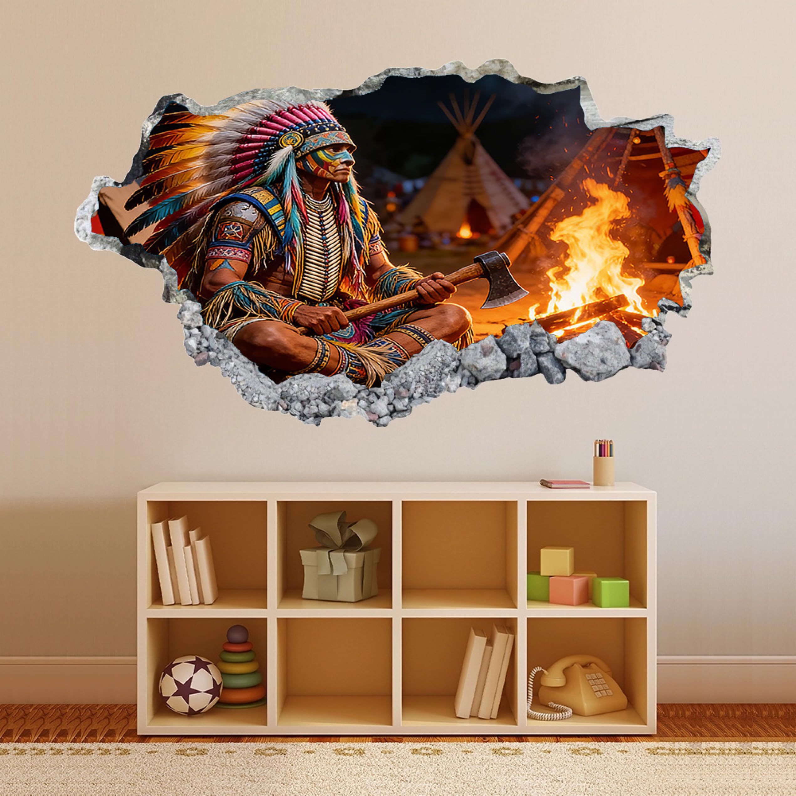 Wandtattoos 3D Durchbruch Wandsticker Lagerfeuerstamm Mauerloch Selbstklebend Wandaufkleber für Kinderzimmer Schlafzimmer Wohnzimmer 58x101cm