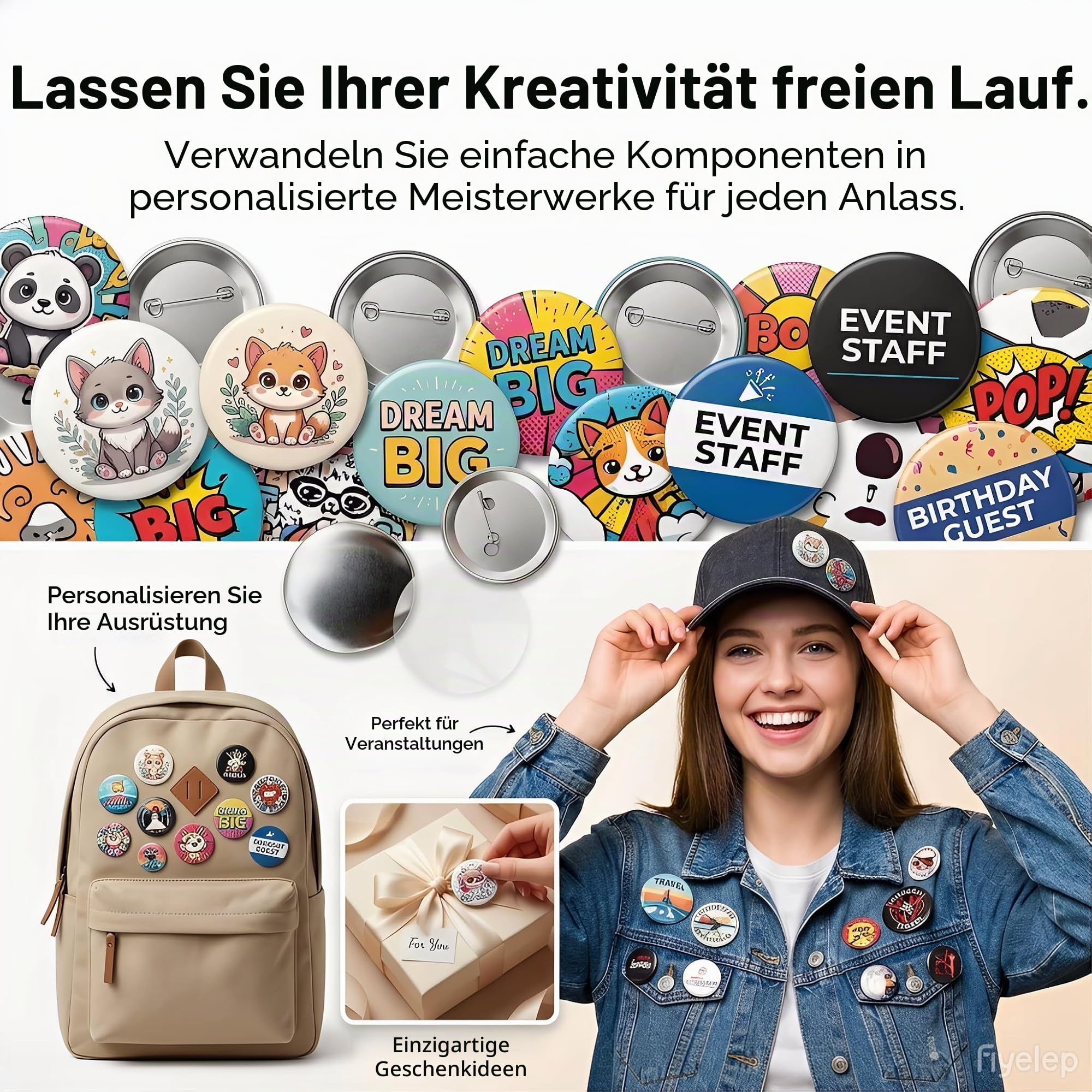 Buttons selber machen, 100 Stück Blank Button Rohlinge 58mm, Runde Metall Abzeichen Teile, Badge Making Supplies passend für Maker Maschine