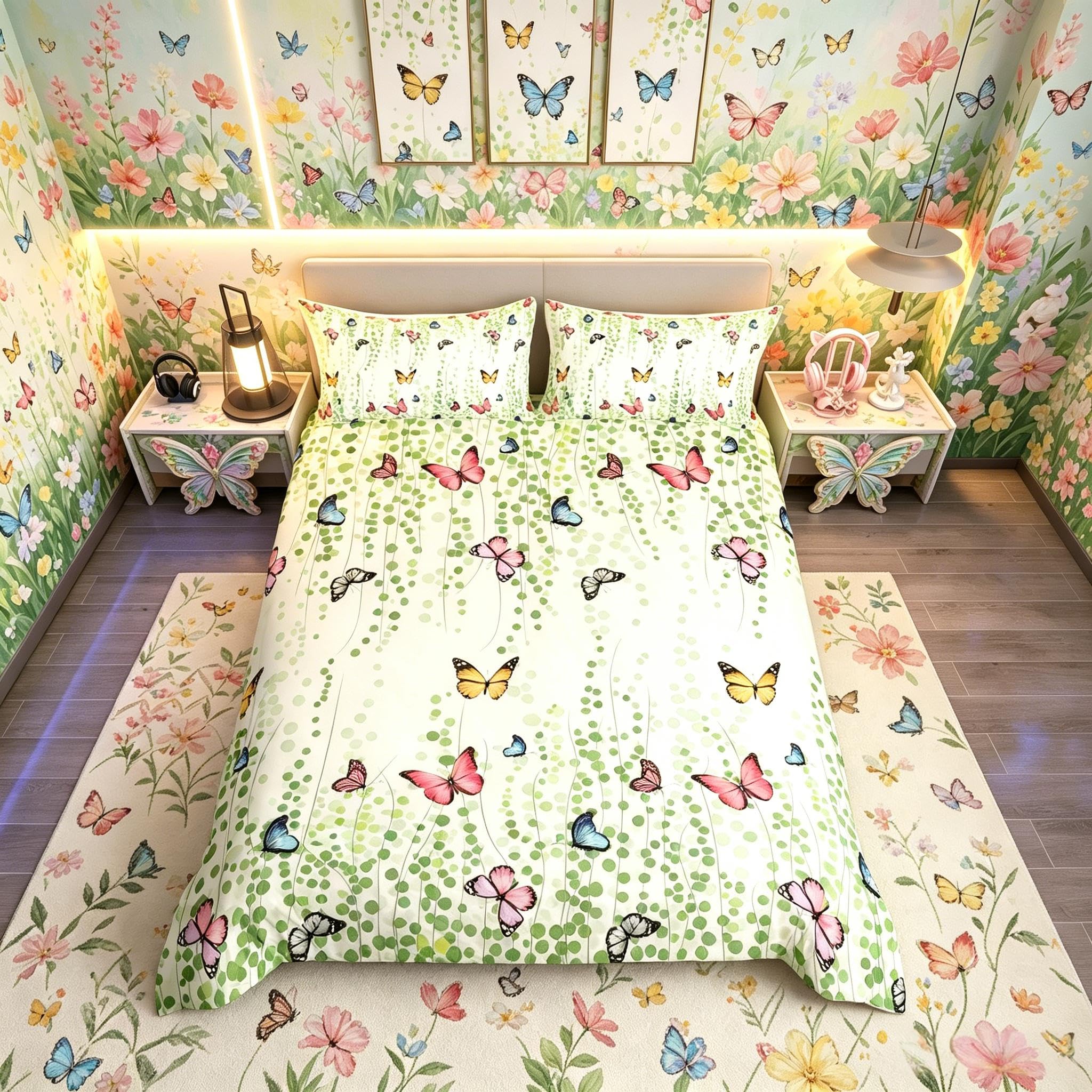Loussiesd Butterfly Duvet Cover Set Colorful Butterflies Print Bed Set Green Ivy Bedding Set Junior/Cot Bed Size For Kids Adults 3D Animal Motif Nature Herbs Plants Room Decoration Zipper