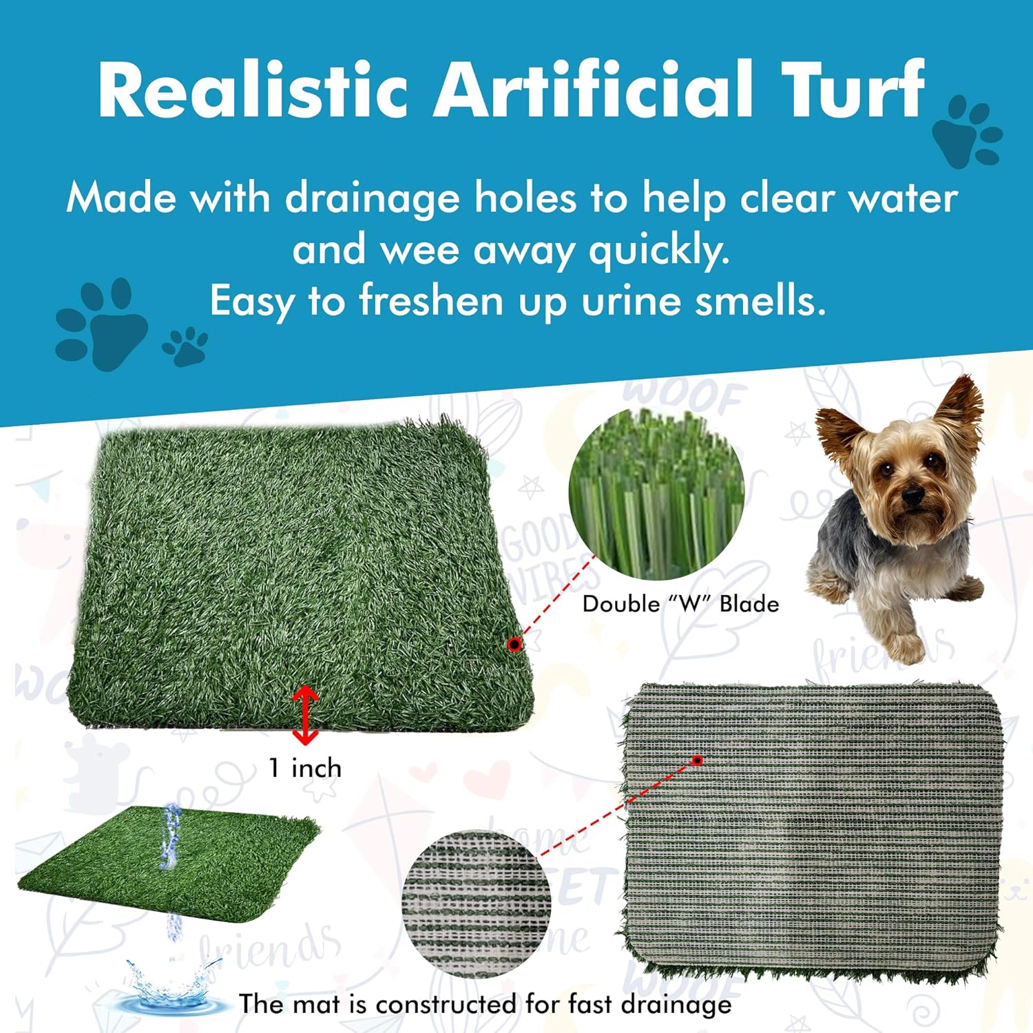 [DogCharge] Indoor Dog Potty Tray (Blue) with 2 Artificial Turf – with Protection Wall Every Side for No Leak, Spill, Accident - Keep Paws Dry and Floors Clean (Potty Tray With Two Turf Mats) : Pet Supplies