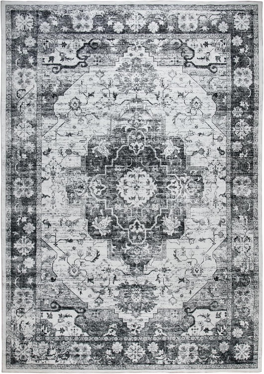 Syalife 4x6 Washable Area Rug, Ultra Soft Non-Slip, Low Pile, Stain Resistant Vintage Area Rug for Living Room,Boho Carpet for Bedroom, Dining Room, Office, Foldable Home Decor Rug, Black/White