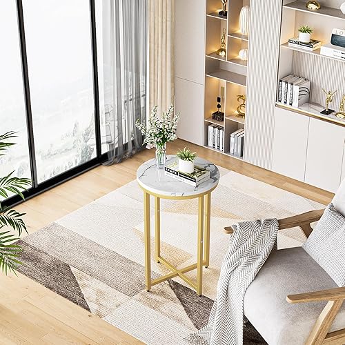 Miniatura 8 de Juego de 2 mesas auxiliares modernas doradas, mesa auxiliar redonda pequeña con marco dorado, mesa auxiliar de mármol para sala de estar,