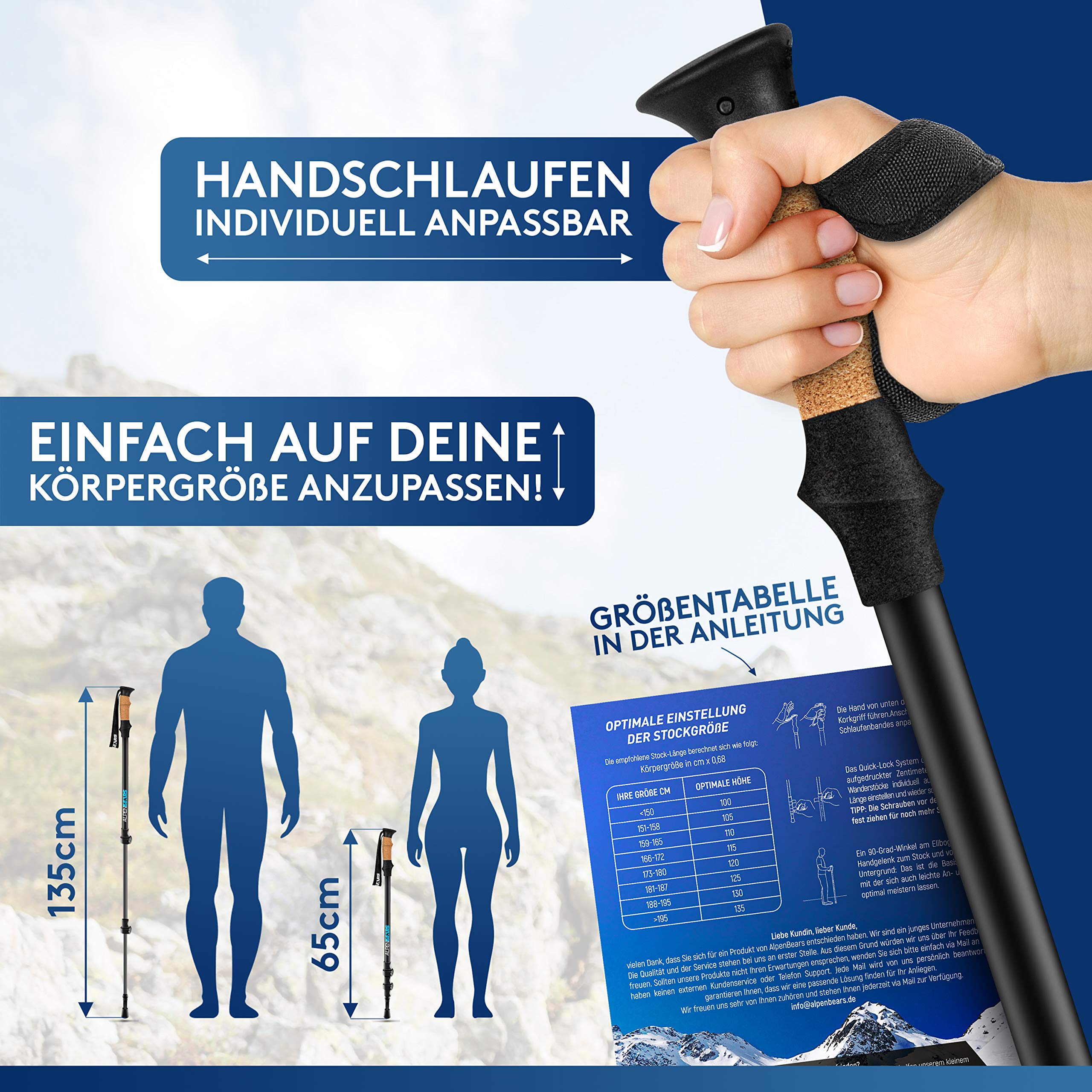 Wanderstöcke & Nordic Walking Stöcke - Teleskop Wanderstock mit Gummipuffer Set - Trekkingstöcke für Damen & Herren - Extra leicht & verstellbar mit Echt Kork Griff