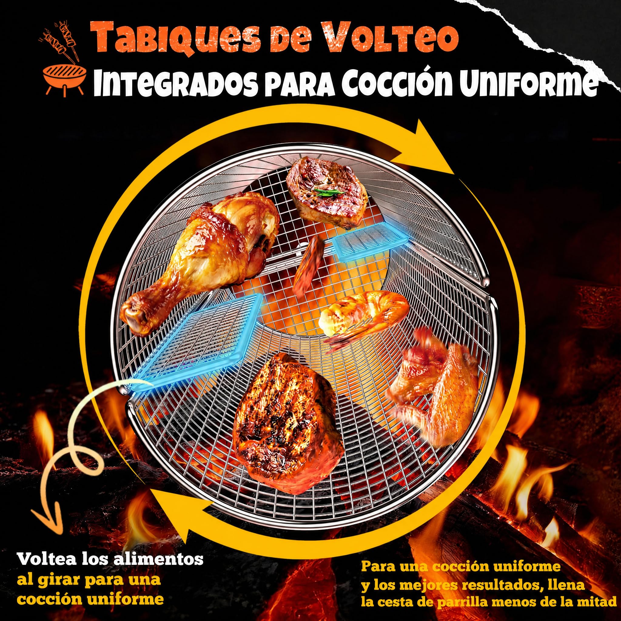 2-en-1 Cesta de Parrilla Rodadiza Rotativa, Acero Inoxidable 304 con Dobles Mangos de Manivela y Recto, Accesorios Barbacoa para Verduras Camarones, Regalo Idea Hombre Papá Esposo Cumpleaños