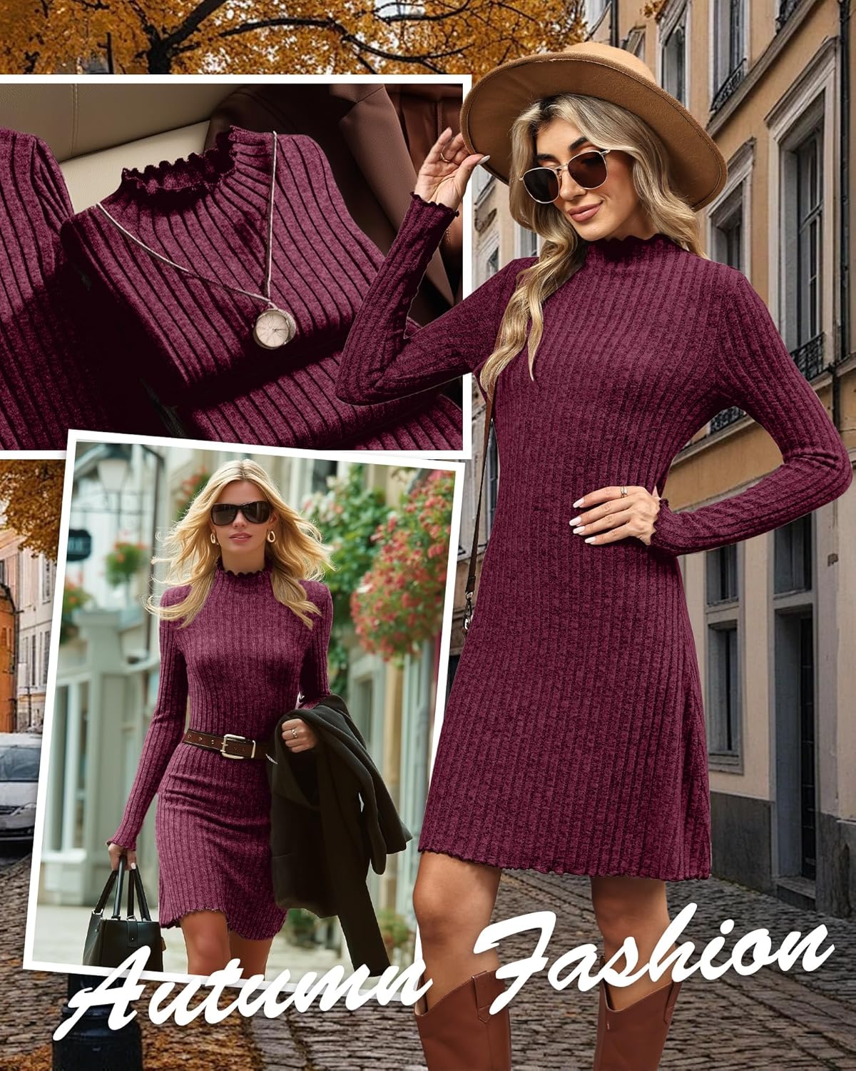 Women's Knit Long Sleeve Sweater Dress Lettuce Trim Mock Neck Tunic Dress Fall Winter Casual Trendy Outfits - Image 4