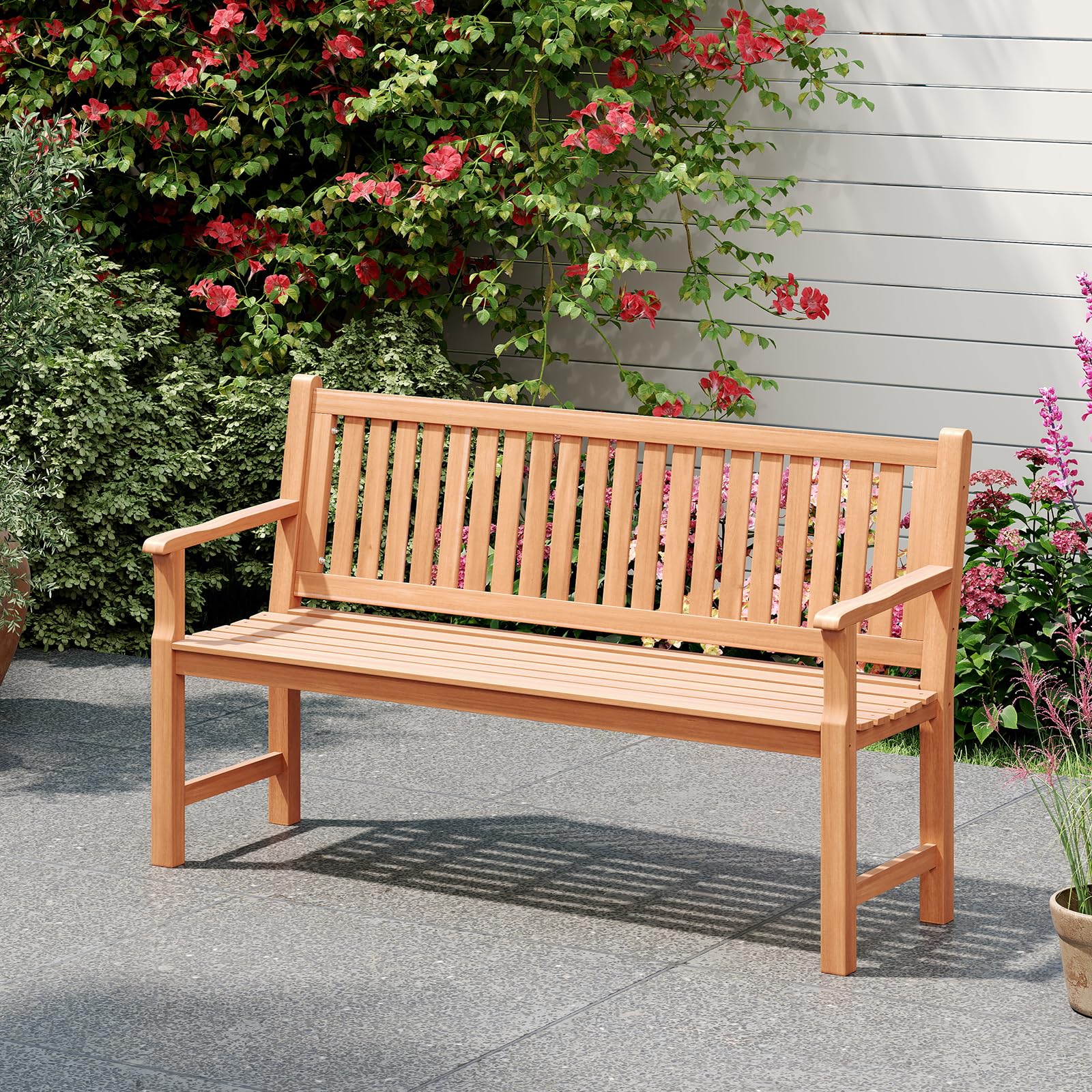 COSTWAY Gartenbank Holz, 3-Sitzer Holzbank wetterfest, Sitzbank, Balkonbank mit Armlehnen, Terrassenbank, Parkbank für Garten, Balkon, Terrasse, 150 x 53,5 x 89 cm