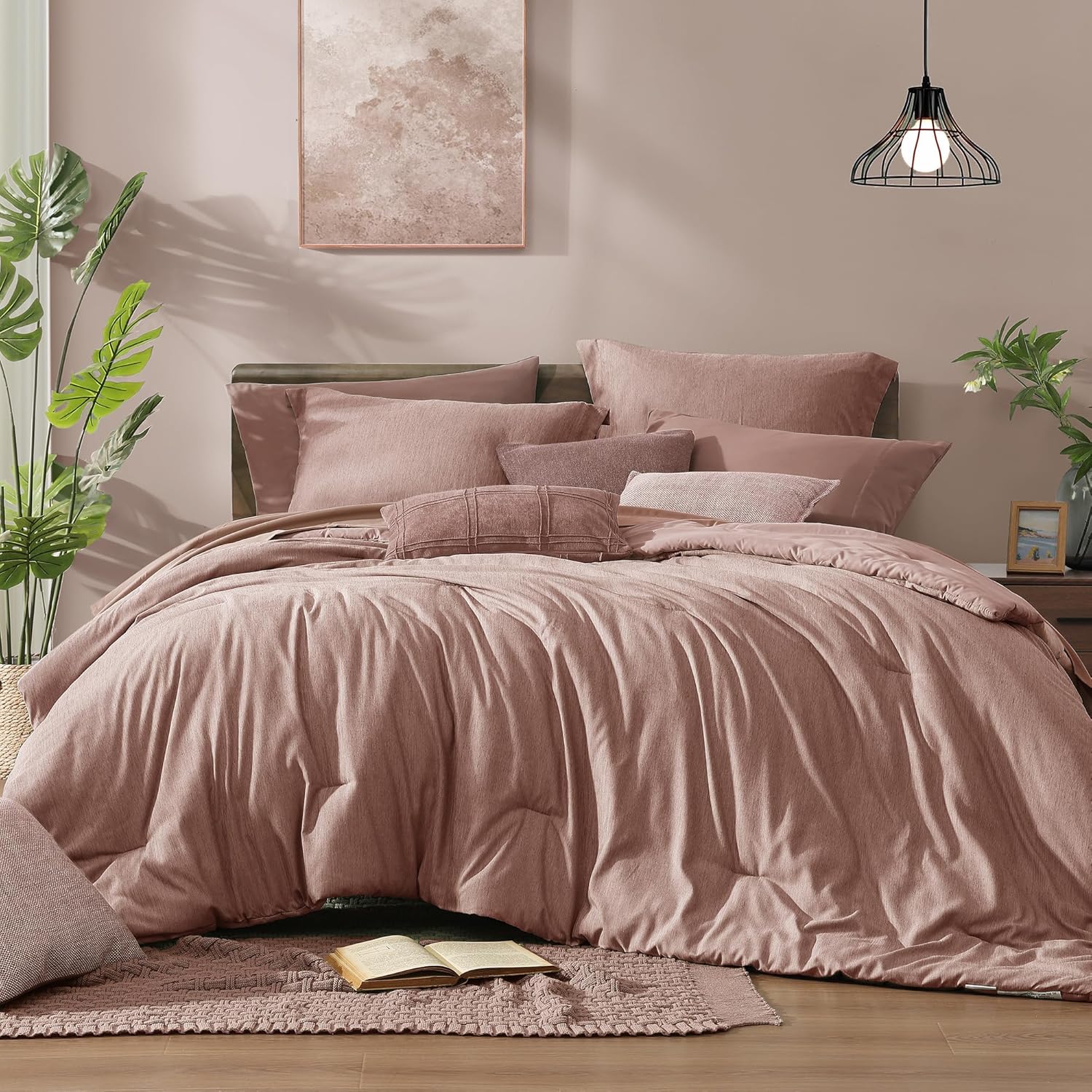 Monbix Queen Comforter Set - 7 Pieces Dusty Pink Cationic Dyeing Bed in a Bag Queen Bedding Sets with Sheets, Pillowcases & Shams, Reversible Bedding Comforters Dusty Pink 7Piece-Queen(90”X90'')