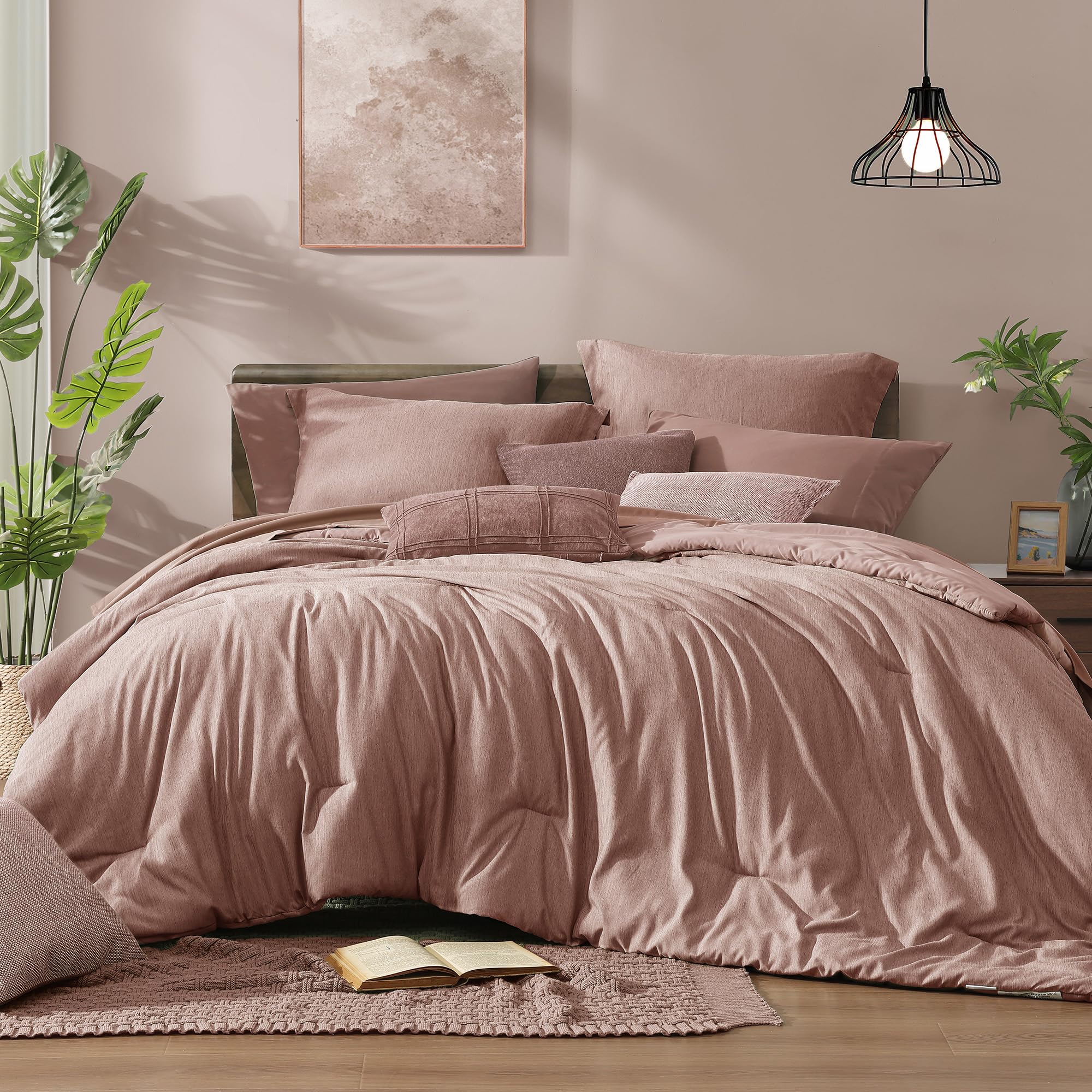 Monbix King Comforter Set 7 Pieces Dusty Pink Cationic Dyeing Bed in a Bag | Lightweight Reversible All Season Bedding Sets with Comforter, Sheets, Pillowcases & Shams Dusty Pink King
