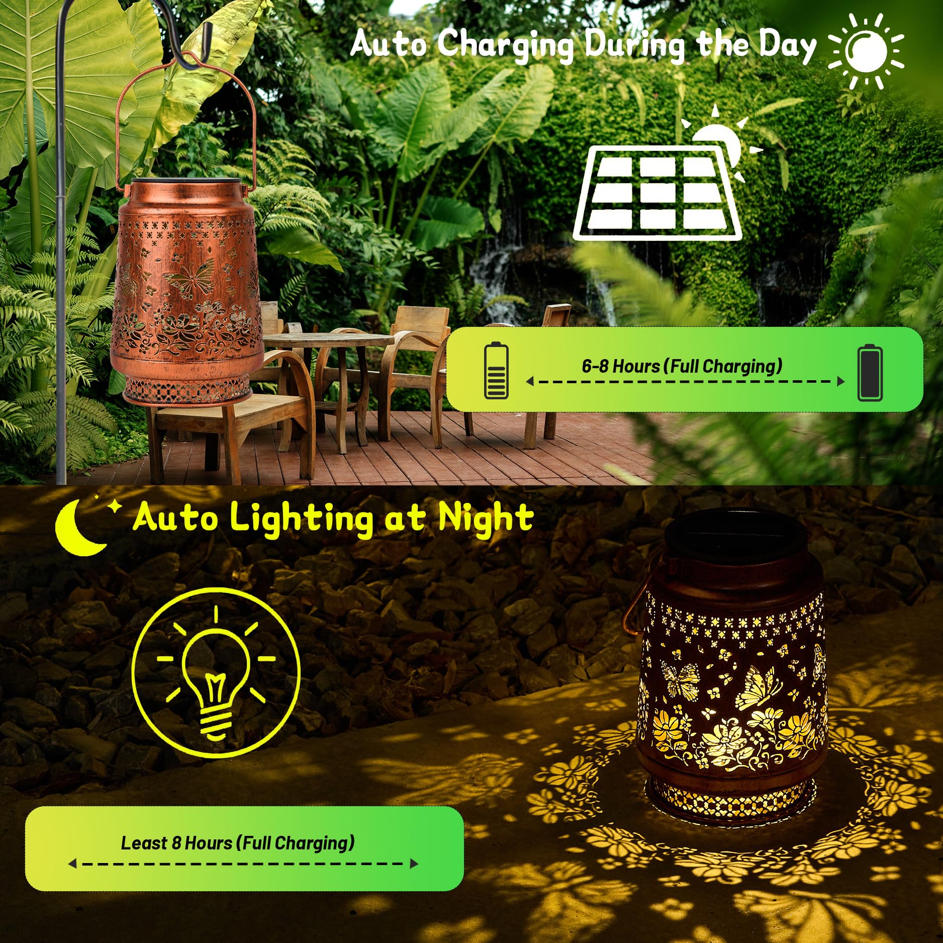 Faroles solares impermeables para exteriores, luces solares colgantes para exteriores, decoraciones de jardín de metal ahuecadas para patio, porche, paisaje, camino, camping, pasarela, regalos para