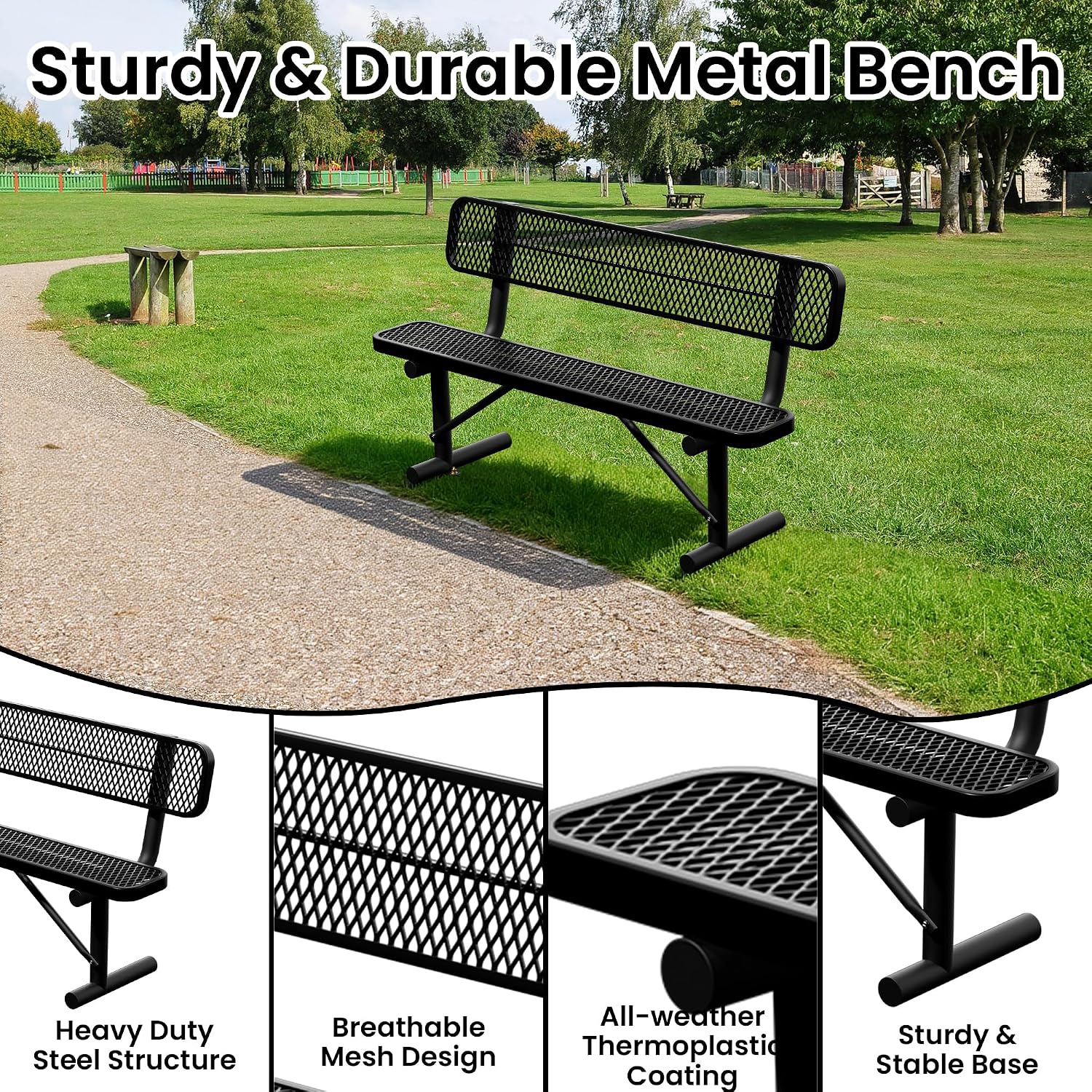 6 FT Heavy Duty Park Bench, Outdoor Metal Black Bench with Back-Commercial Steel Benches for Outside, 2-4 Person Seat-Garden Benches with Portable Frame for Outdoors