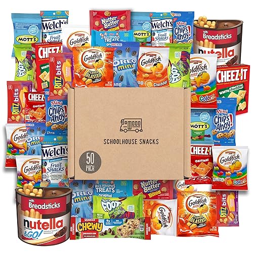 SCHOOLHOUSE SNACKS - Paquete variado de aperitivos para niños (50 unidades)  Caja de aperitivos para niños con surtido de aperitivos americanos