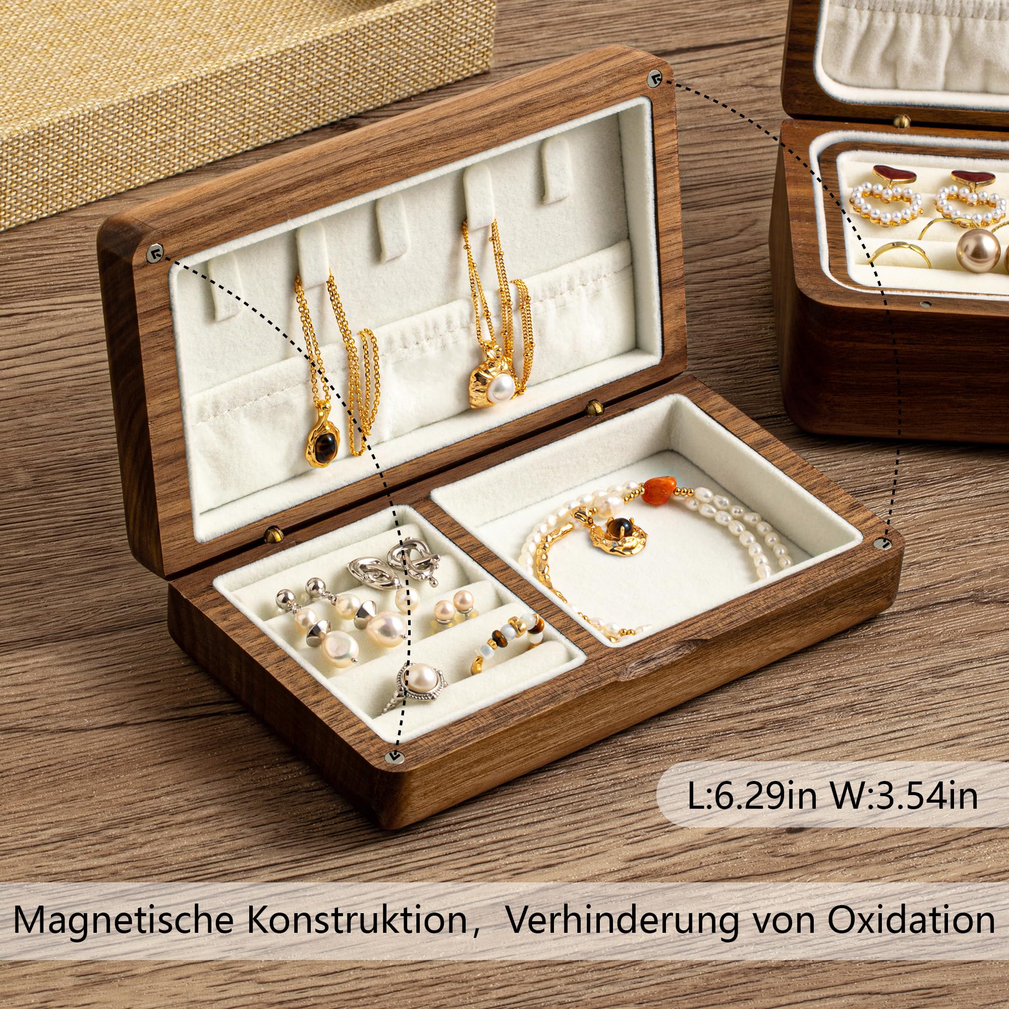 Joyero de madera para mujer caja organizadora de madera maciza collares, anillos, caja de almacenamiento Caja de Joyas,organizador para anillos collares pendientes, regalo original para mujer,