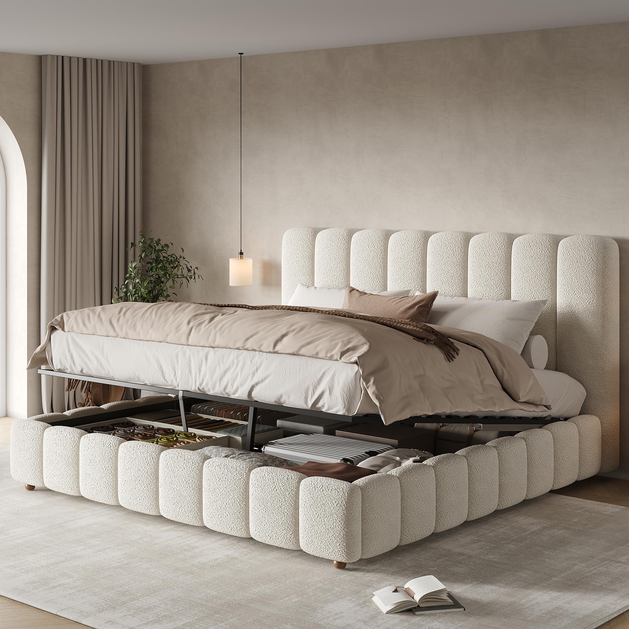 5ft King Size Bed Frame with Storage, Upholstered Ottoman Bed with Hydraulic Lift & Channel Tufted Headboard, Gas Lift Storage Beds with Wooden Slats, No Box Spring Needed, Boucle, White, No Mattress