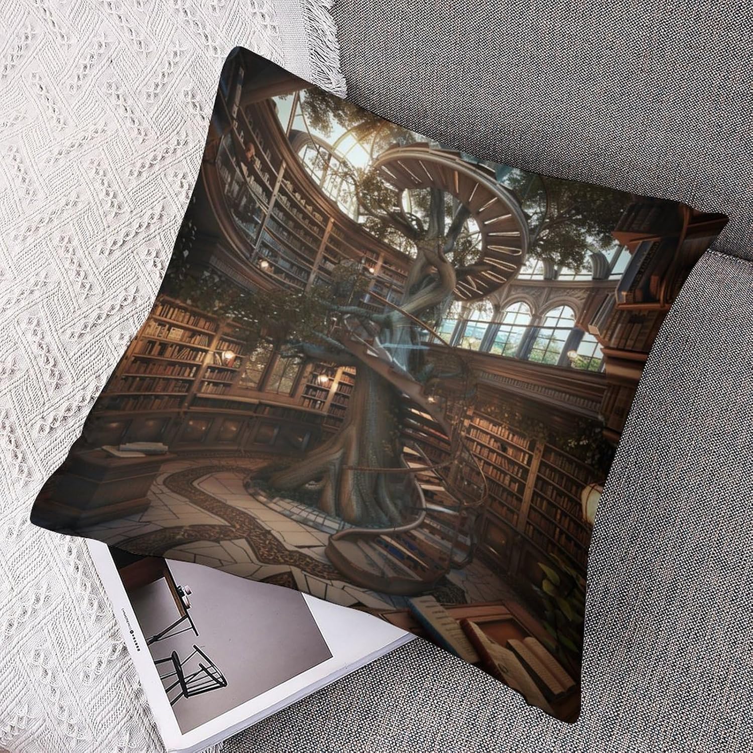2 Packs Fantasy Book Library Throw Pillow Covers for Living Room, Classic Bookshelf Tree Plants Ladder Pillow Covers Cushion Case for Couch Sofa Bed, 20x20 inch