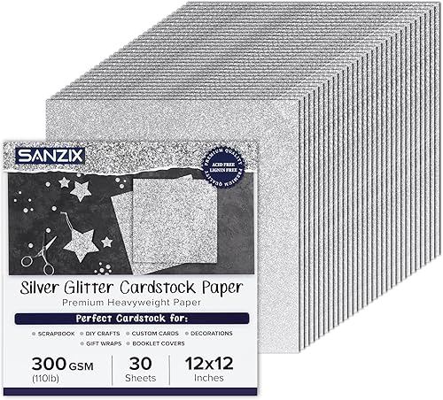 SANZIX 30 hojas de papel de cartulina con purpurina plateada de 12 x 12 pulgadas, 110 libras, 300 GSM, papel brillante con purpurina de alta calidad