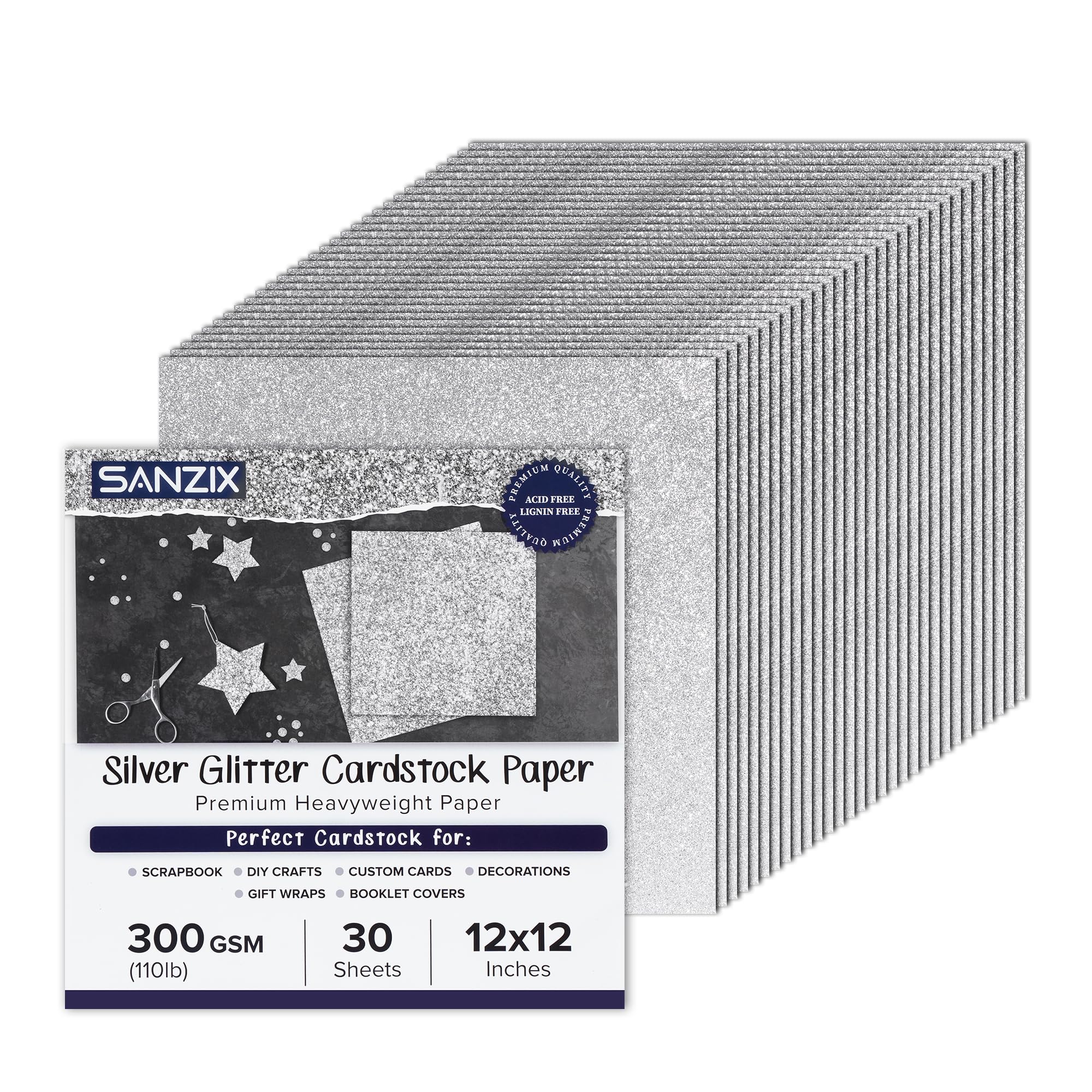 SANZIX 30 Sheets Silver Glitter Cardstock Paper 12x12", 110lb 300 GSM | Premium Glitter Sparkle Paper for Cricut, Christmas Cards, Scrapbook, DIY