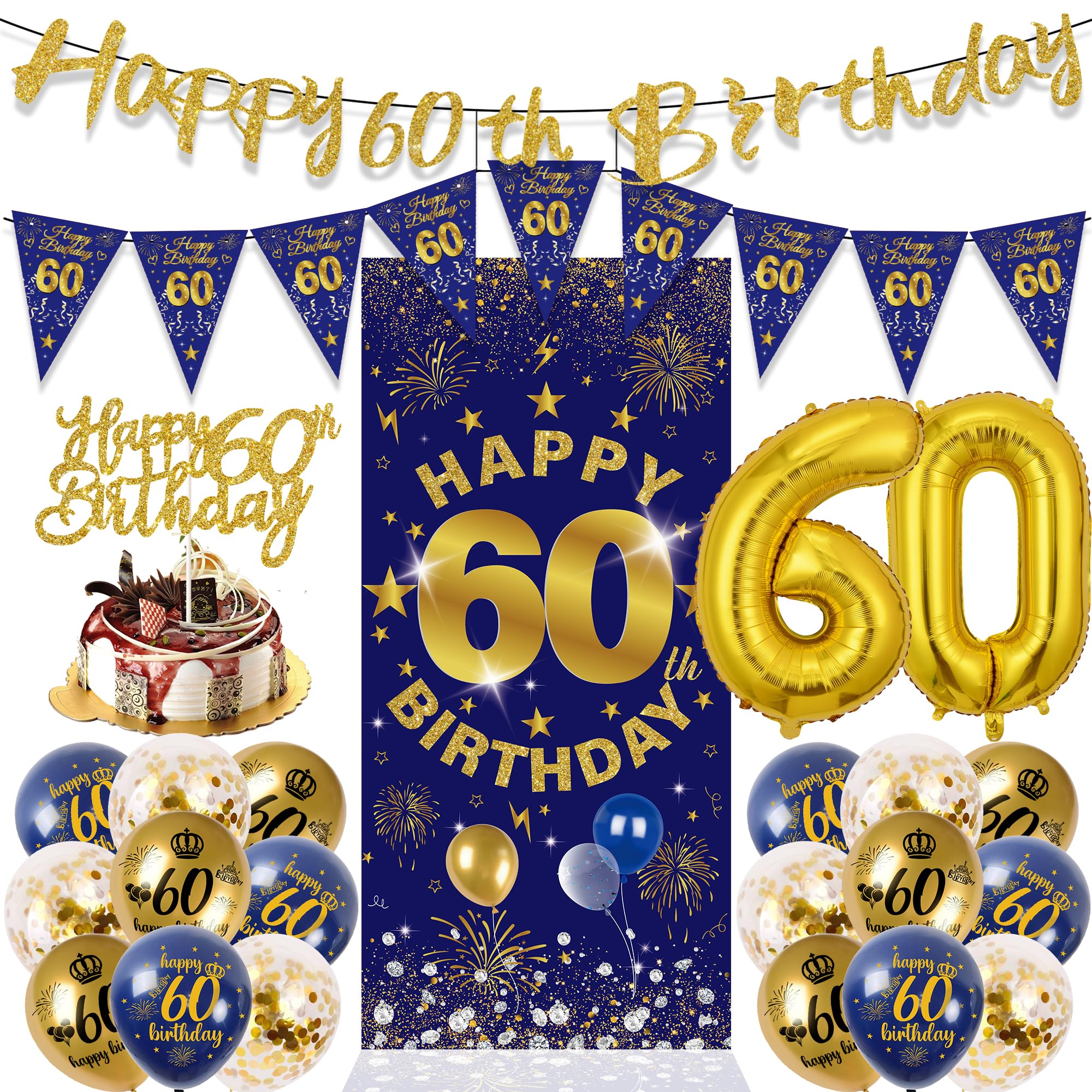 60th Birthday Decorations Balloons Men - 24 Pcs Navy Blue Gold Vintage Birthday Backdrop, Banner, Penneat, Number 60 Foil Sequined Balloons Cake Topper for Happy 60 Years Old Party Door Decor Supplies