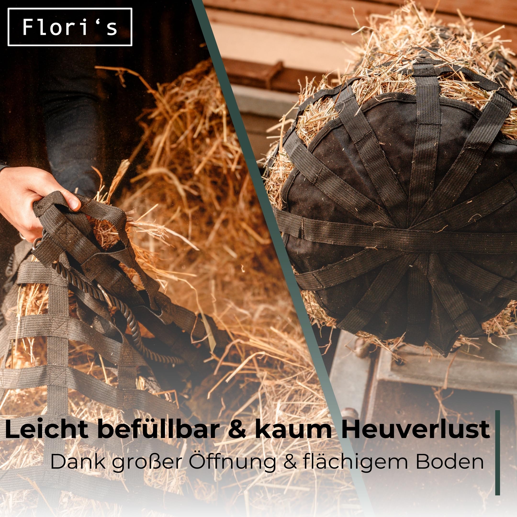 Flori's Heunetz für Pferde engmaschig 90 x 60 cm bis 3 kg Premium Heusack