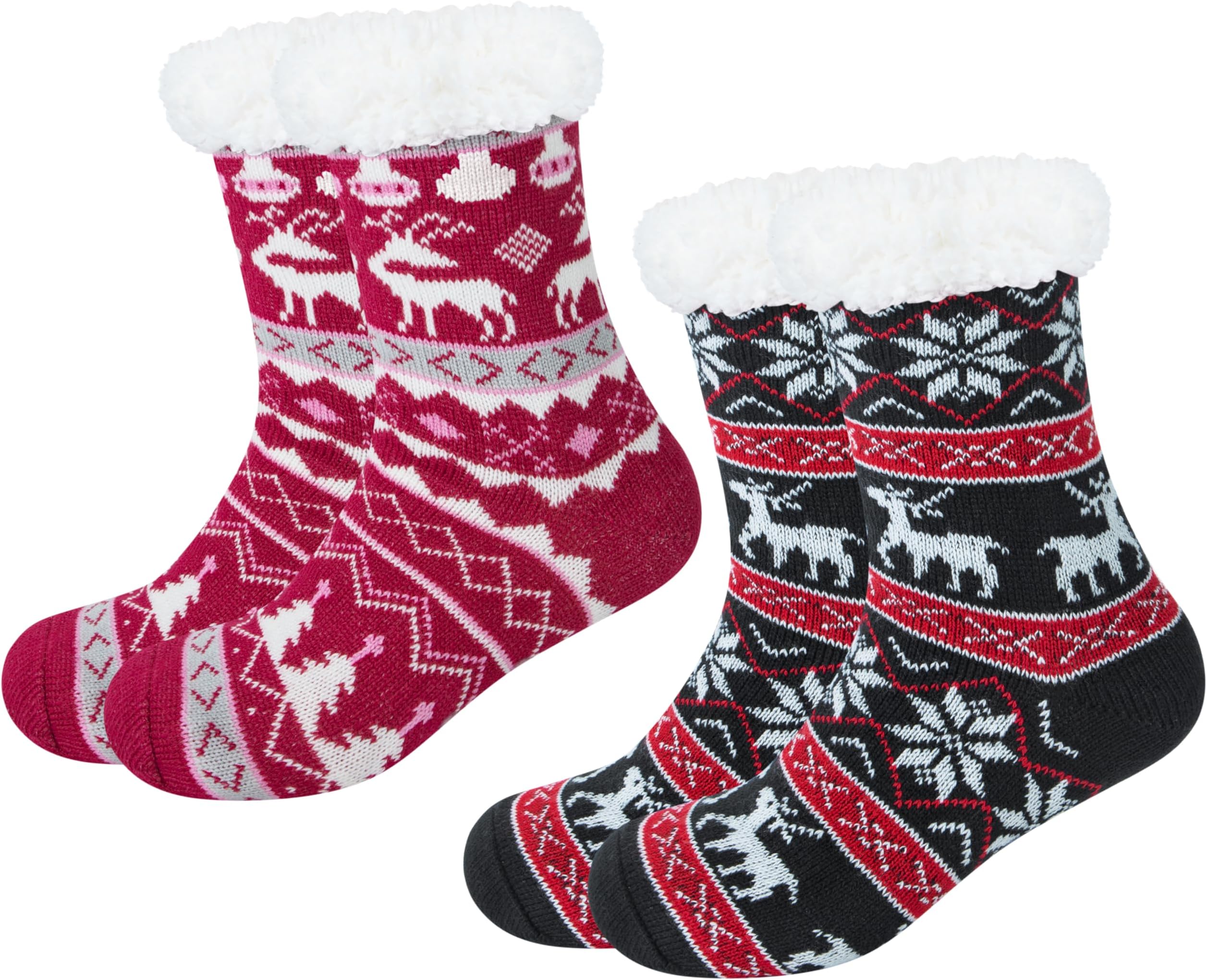 Chalier Fashion2 pair Slipper Socks for Women Ladies Animal Warm Slipper Socks Fluffy Thermal Fleece Bed Socks Winter Lining Knit Cute Anti-slip Gripper Fuzzy Cozy Gift Socks