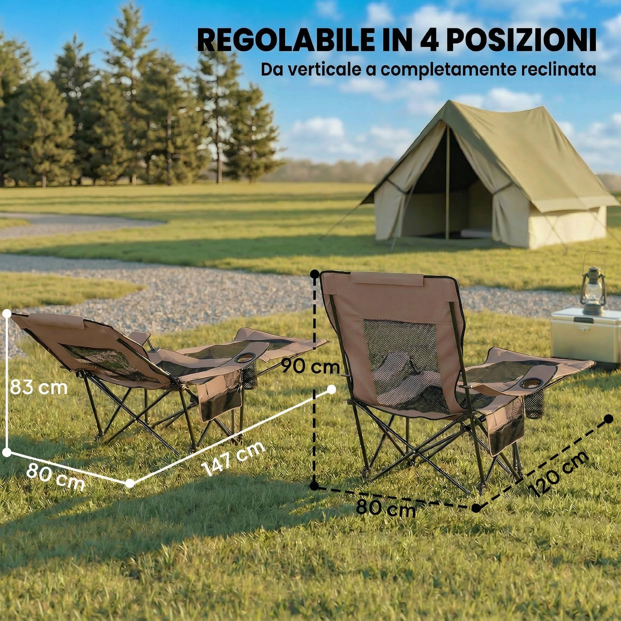 Outsunny Set 2 Sedie da Campeggio Pieghevoli con Poggiapiedi Staccabile, Portabicchieri e Tasca Laterale, Sedie da Giardino in Tessuto Oxford e Metallo, 165x80x90 cm, Marrone e Nero