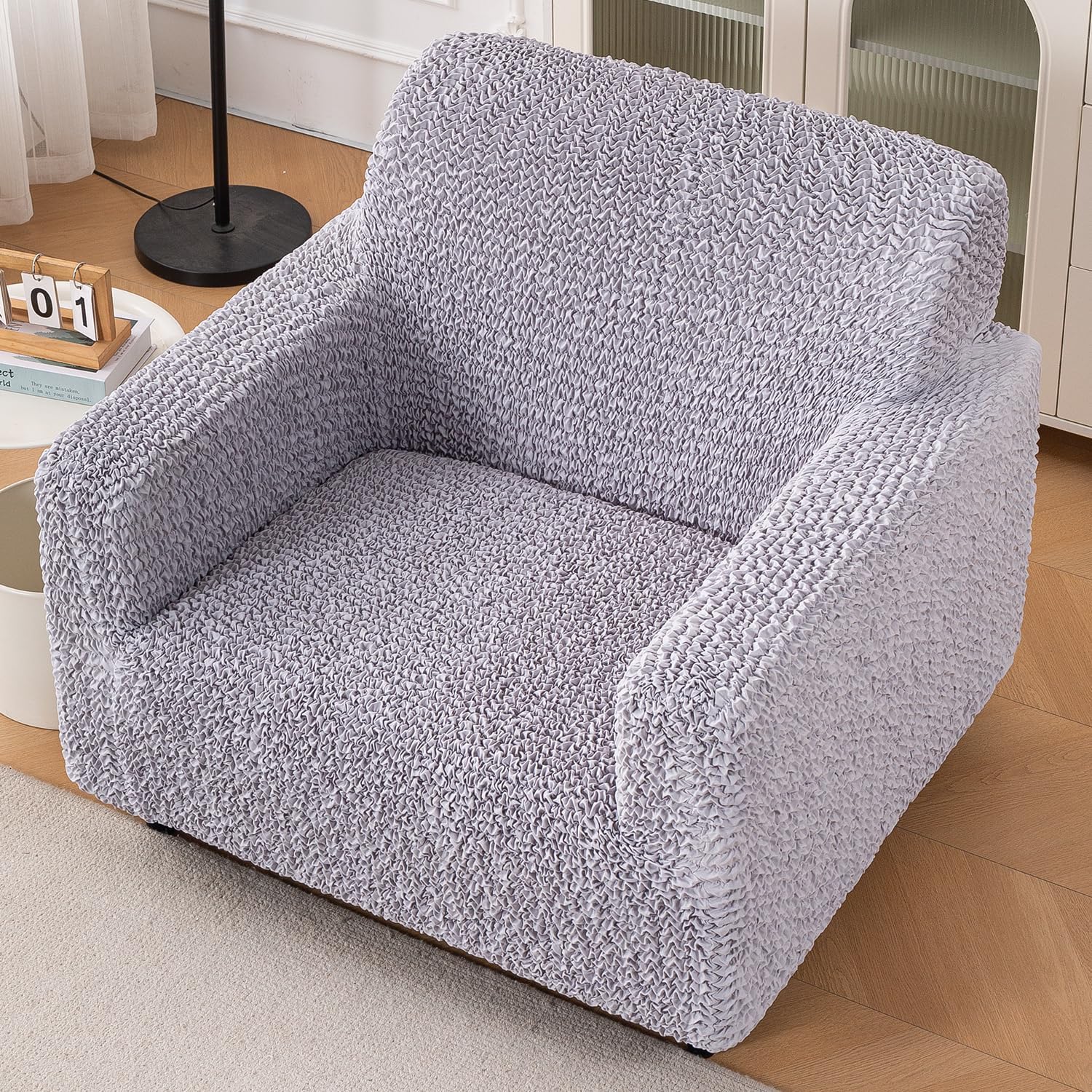 HOKIPO 700gsm Super Stretchable Microfiber 1 Seater Sofa Cover Fully Covered Slipcover, 'Italian Belissia Luxe Series' Ice Grey (NEW1-AR-6637-LGRY)-picture-19