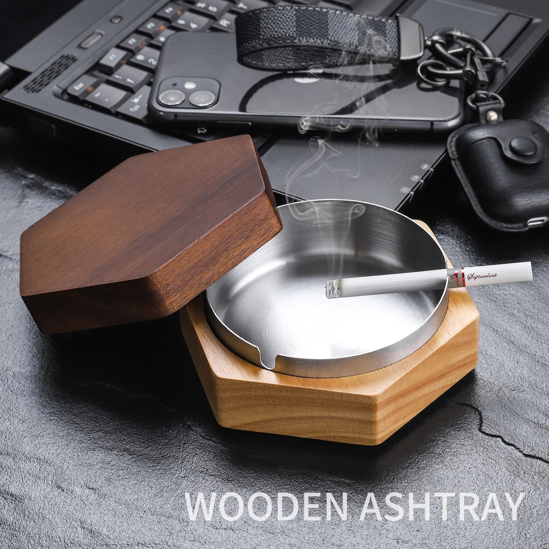Cute Ashtrays for Cigarettes Outdoor Hexagonal Ash Tray with Stainless Steel Liner Easy to Clean Windproof Wooden Ashtray with Lid for Home,Office,Indoor,Parties