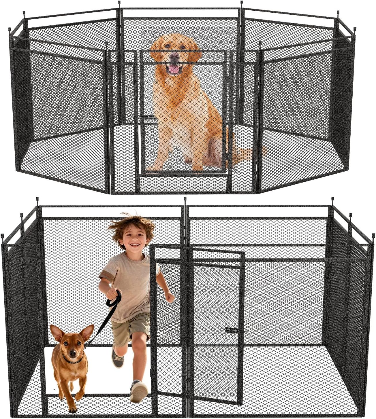 Dog Playpen with Safety Mesh, 32" Height 48 Panels Metal Dog Fence Indoor Outdoor, Portable Dog Kennel for Camping, Yard & RV | Black-Silver