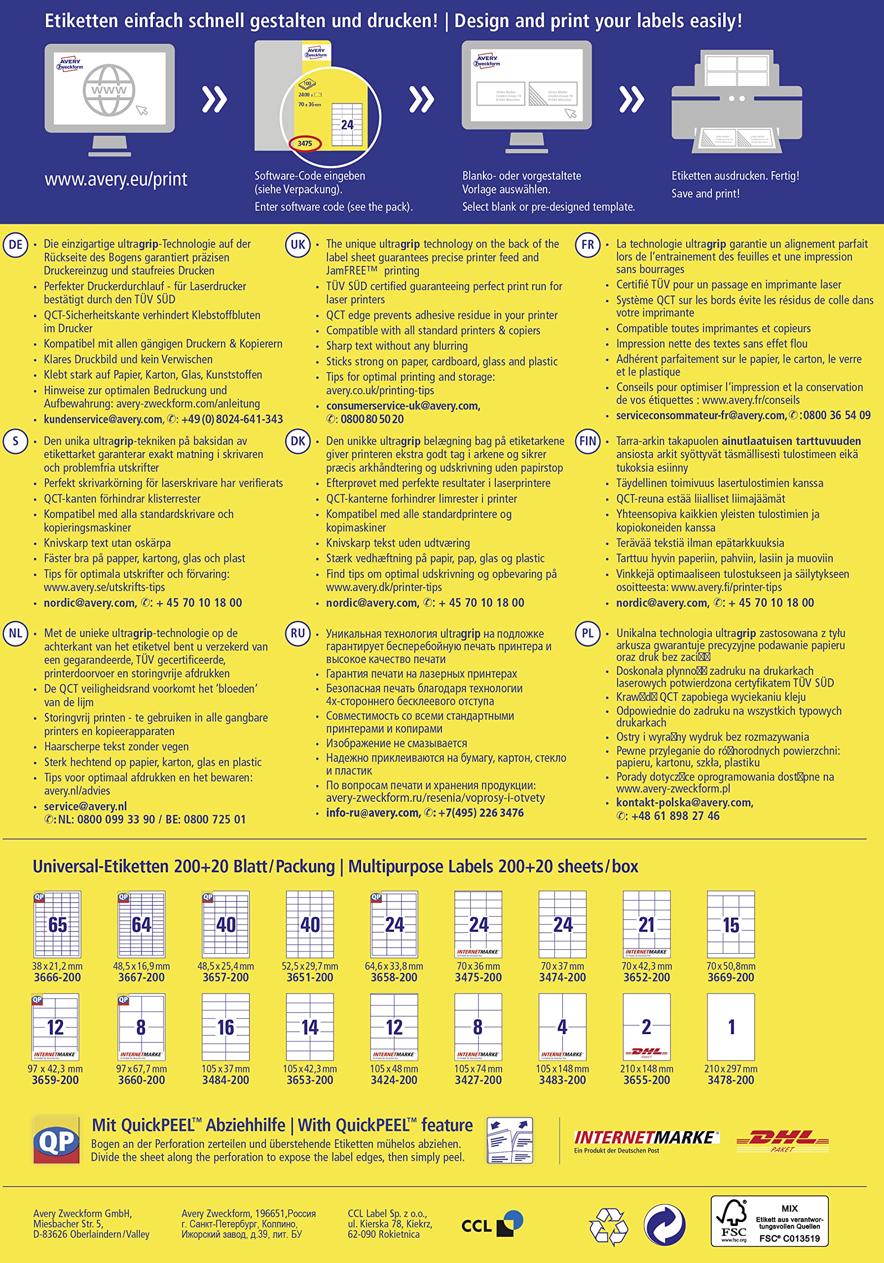 AVERY Zweckform 3667-200 Universal Etiketten (12.800 plus 1.280 Klebeetiketten extra, 48,5x16,9mm auf A4, Papier matt, individuell bedruckbar, selbstklebende Aufkleber mit ultragrip) 220 Blatt, weiß
