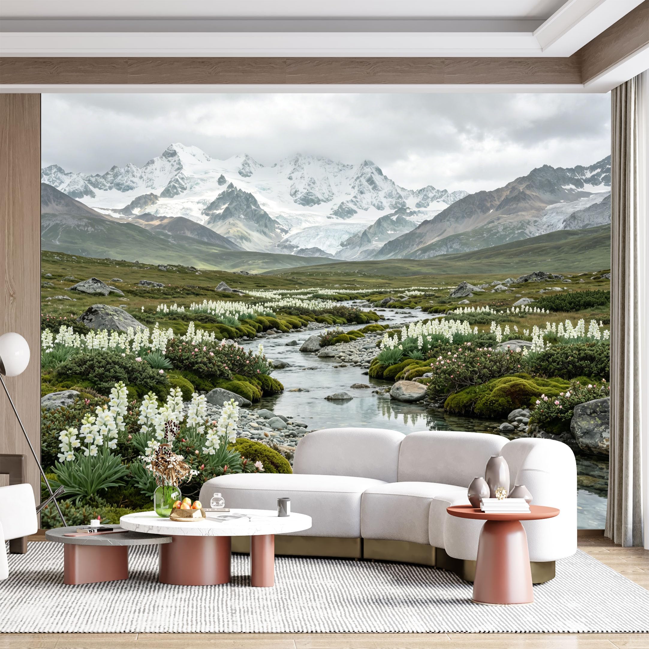 Custom Size Wall Mural Alpine Meadow Mountain River Wildlife Floral Landscape SelfAdhesive Wall Fabric Removable for Home Office Decor