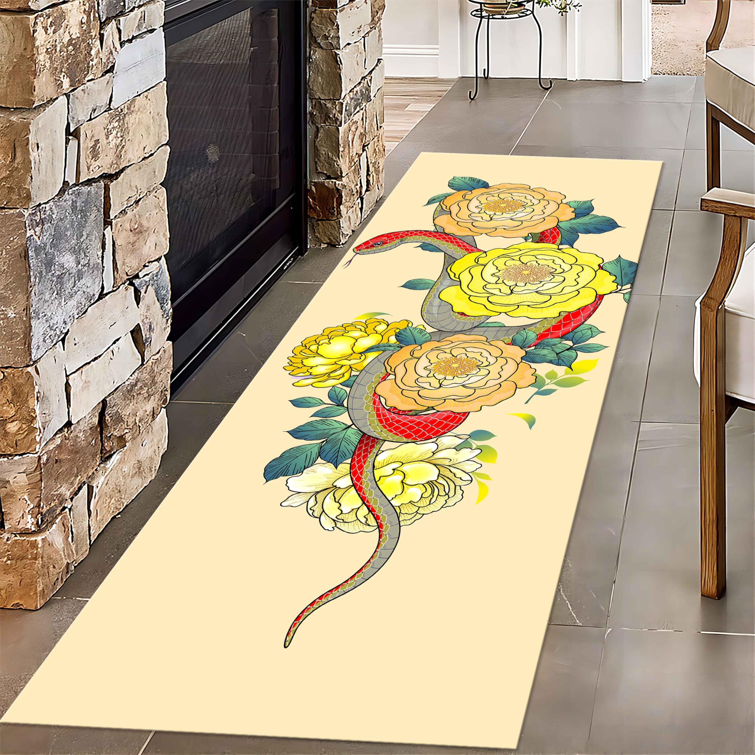 UNREASTO Snake Runner Rug for Hallway, 4x10ft, Yellow Peony Floral Leaves Red Snake Art Deco Rugs, Vintage Animal Plant Design Non-Slip Soft Kitchen