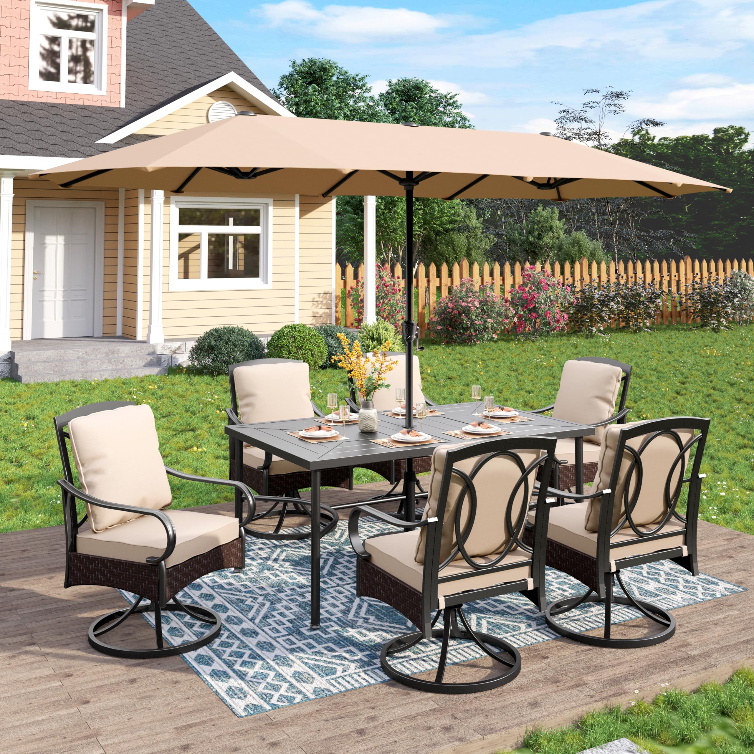 PHI VILLA 7pc Patio Dining Set with Umbrella, Swivel Wicker Chairs