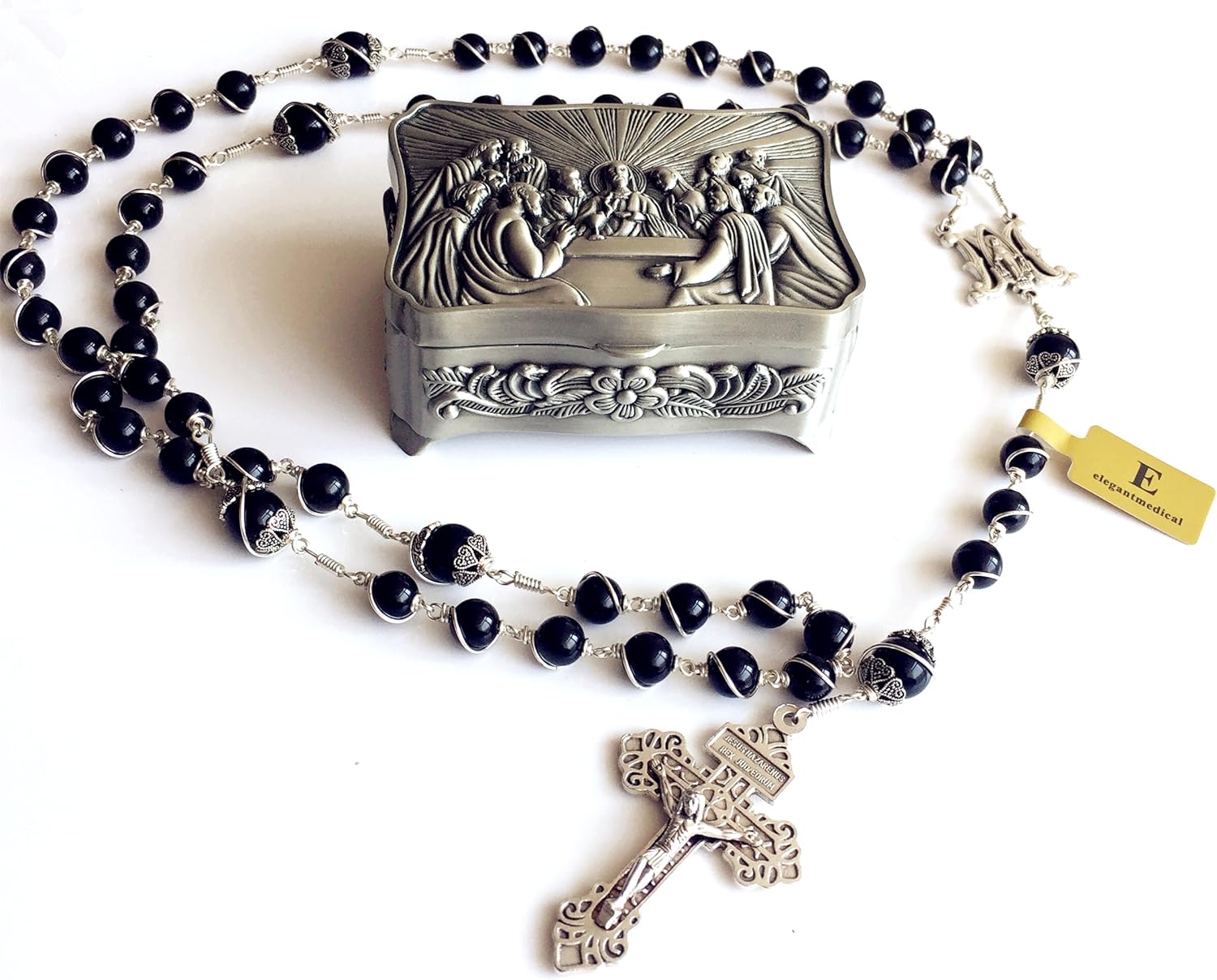 elegantmedical HANDMADE Silver Wire Wrap Black Obsidian BEADS ROSARY CROSS Catholic NECKLACE Box GIFTS
