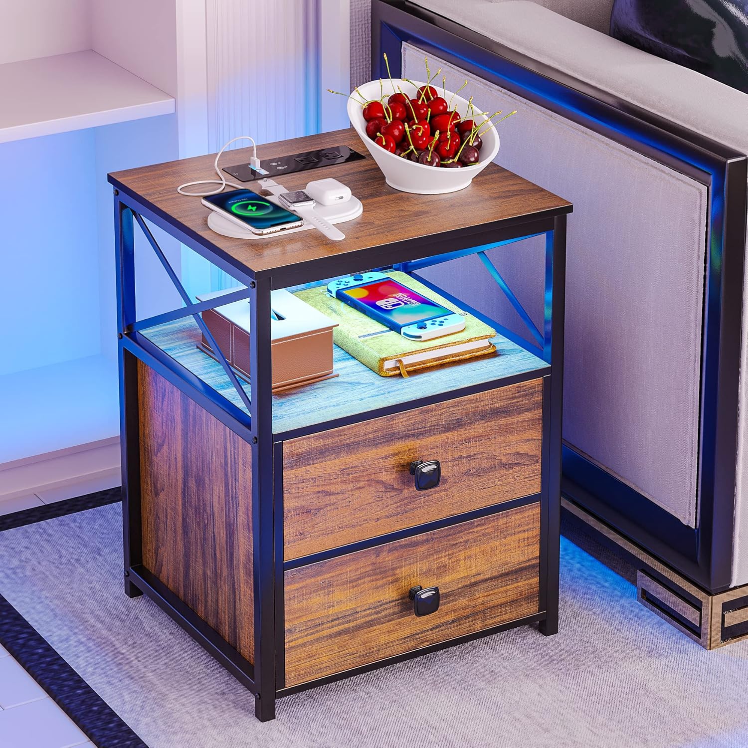 HNEBC LED Nightstand with USB Charging Stations & Power
