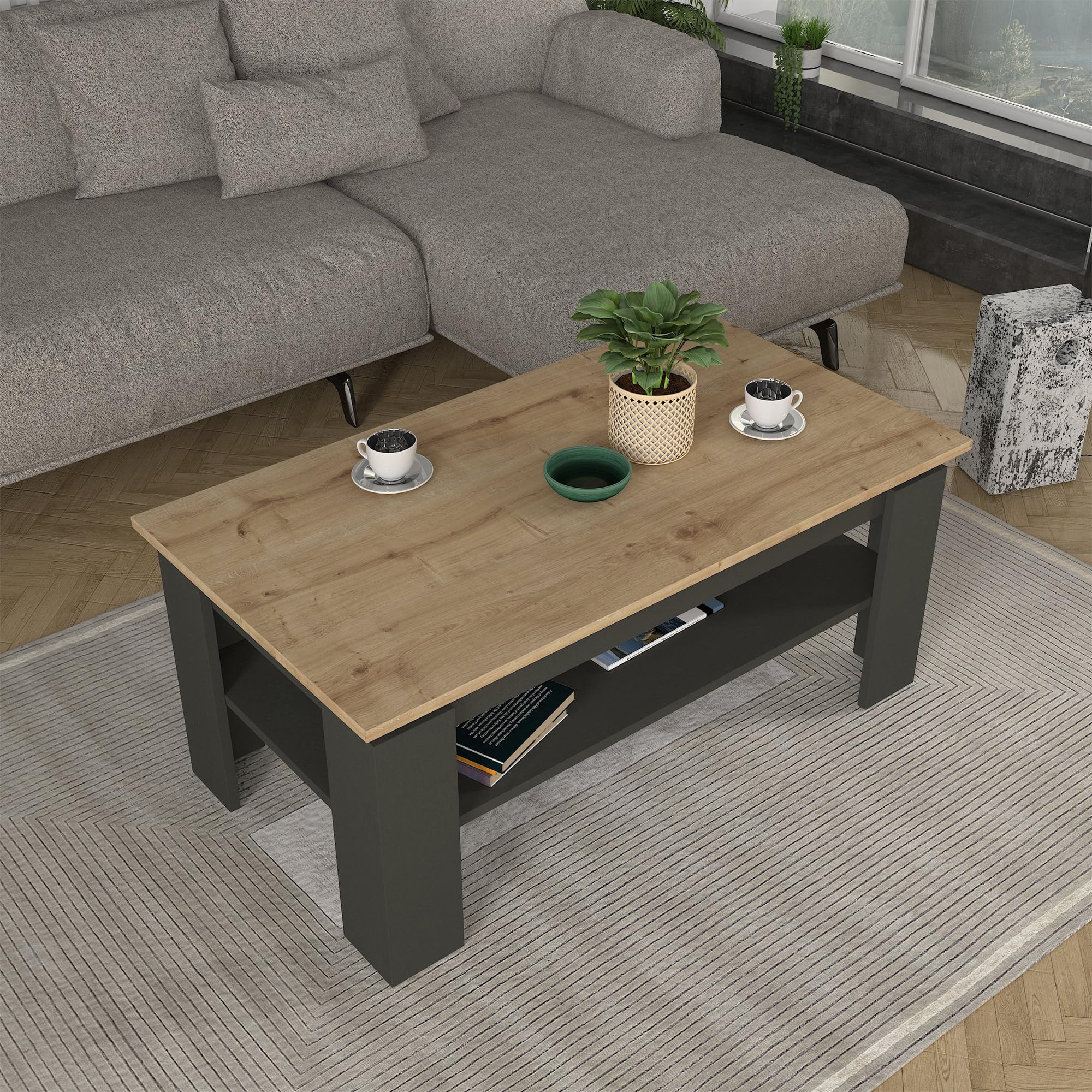 [en.casa] Mesa de Centro Krirdfjos Rectangular Mesa Baja con Estante para Salón Mueble Auxiliar Estructura Estable 110 x 60 x 47 cm - Antracita/Roble Zafiro