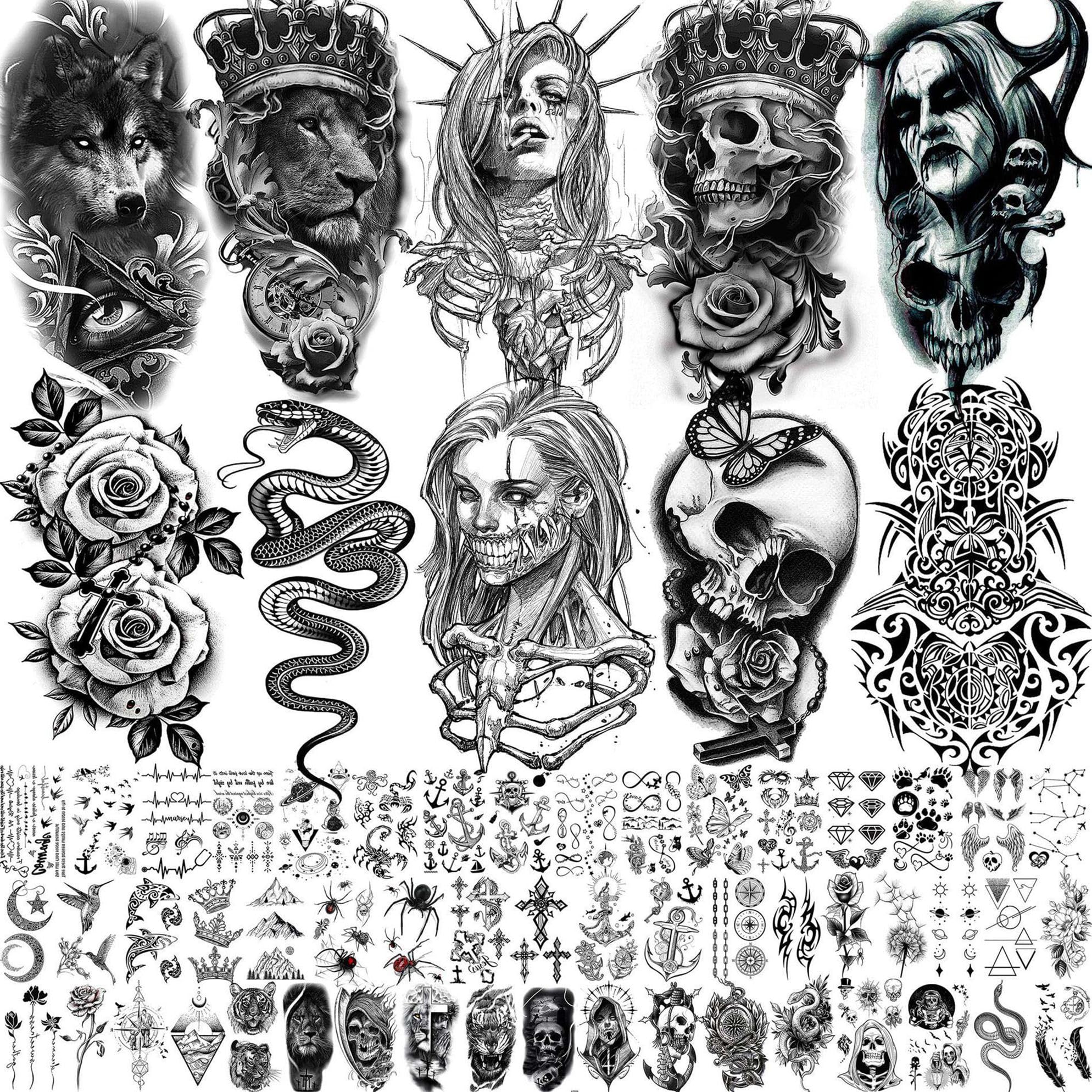 62 Blatt Halloween Temporäre Tattoos Damen Herren Wolf Löwe Skelett Arm, 3D Realistisch Klebe Tattoos Aufkleber Erwachsenen, Totenkopf Vampir Fake Tattoo Zum Aufkleben Schlange Blume Kompass