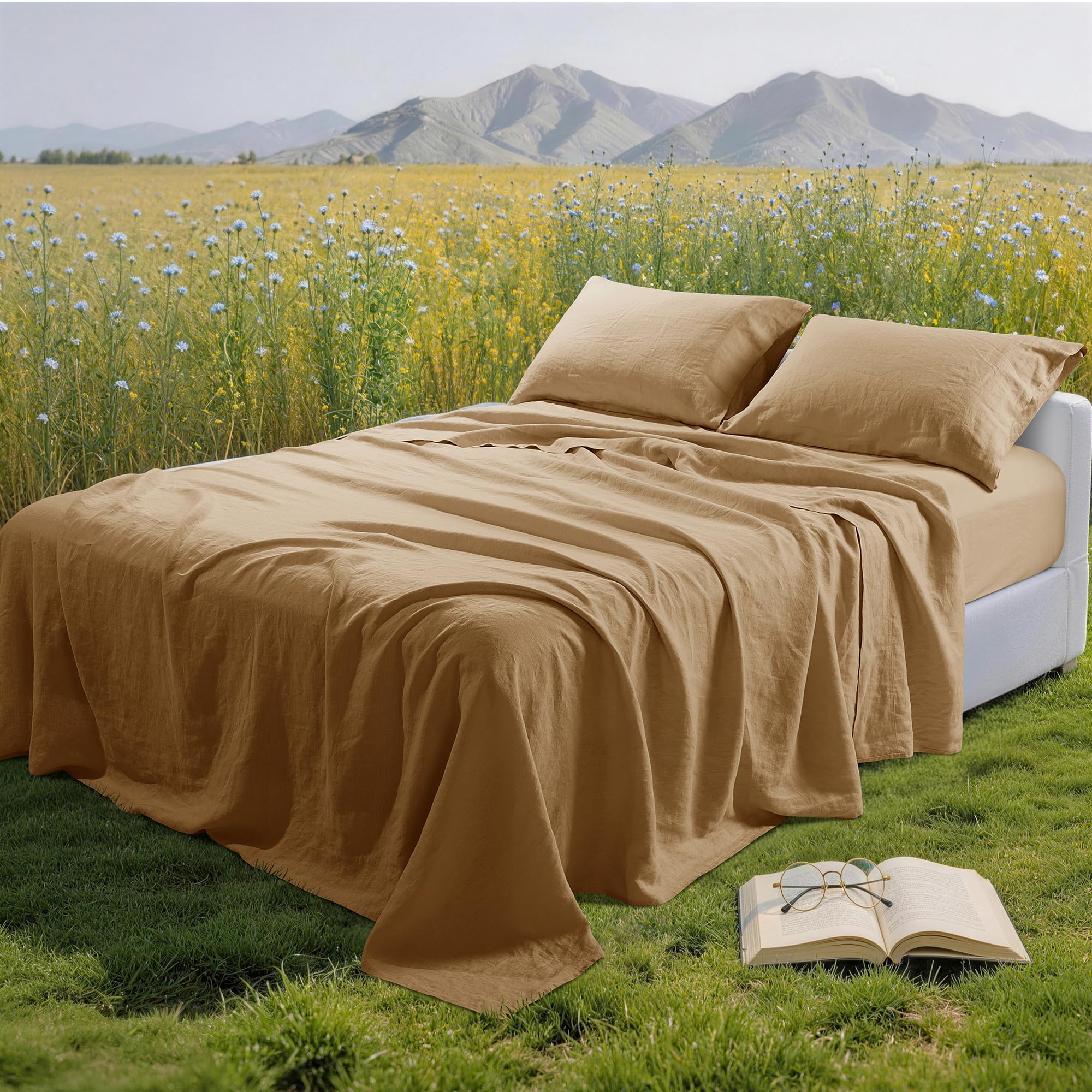 100% French Linen Sheet Set 4Pcs,16” Deep Pocket Durable Bed Sheet Cal King